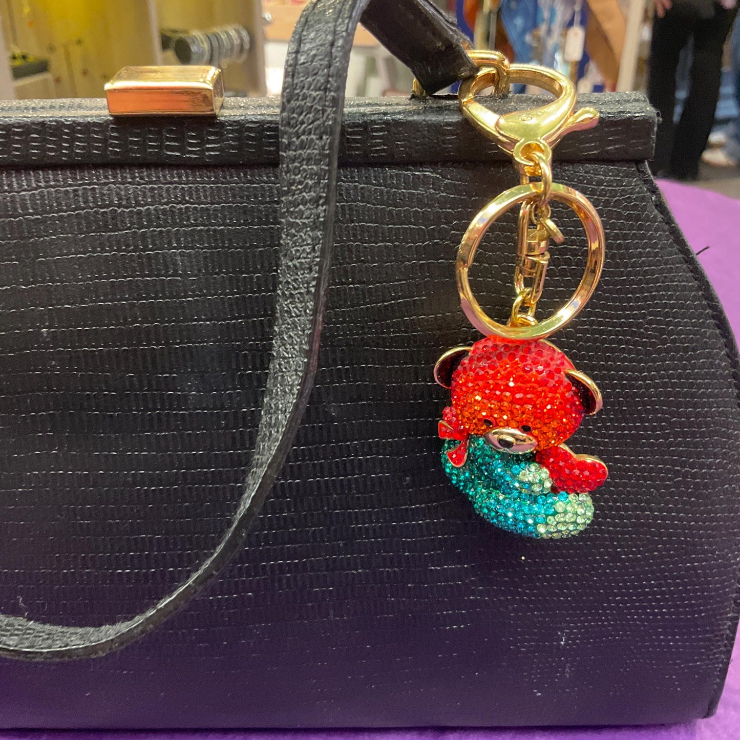 Vintage Butler and Wilson Rainbow Teddy Crystal Handbag Charm/ Keychain, Gold tone with multicoloured rhinestone crystals