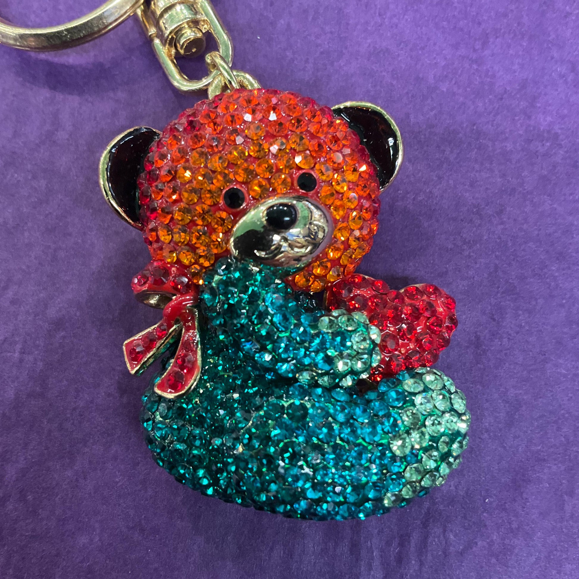 Vintage Butler and Wilson Rainbow Teddy Crystal Handbag Charm/ Keychain, Gold tone with multicoloured rhinestone crystals