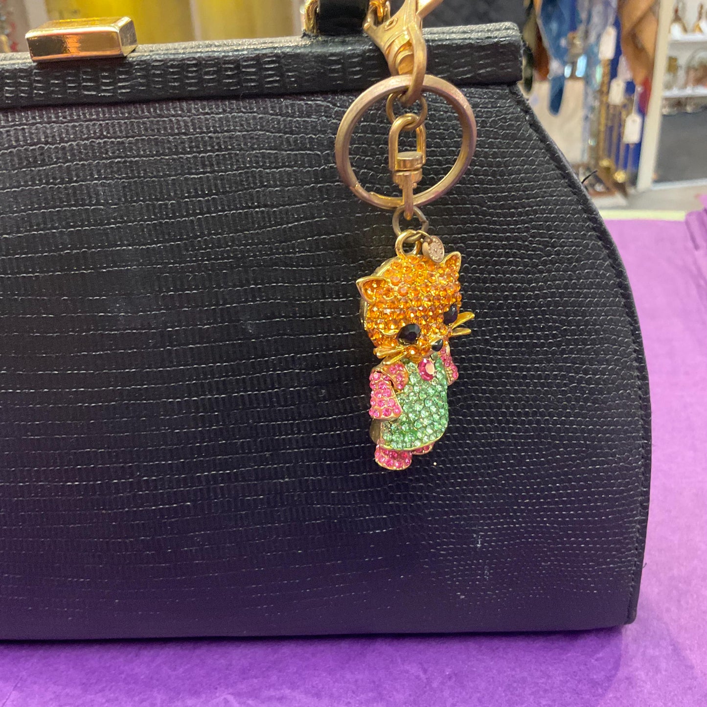 Vintage Butler and Wilson Crystal Kitty Handbag Charm/Keychain, Gold Tone with gold, green and pink rhinestone crystals