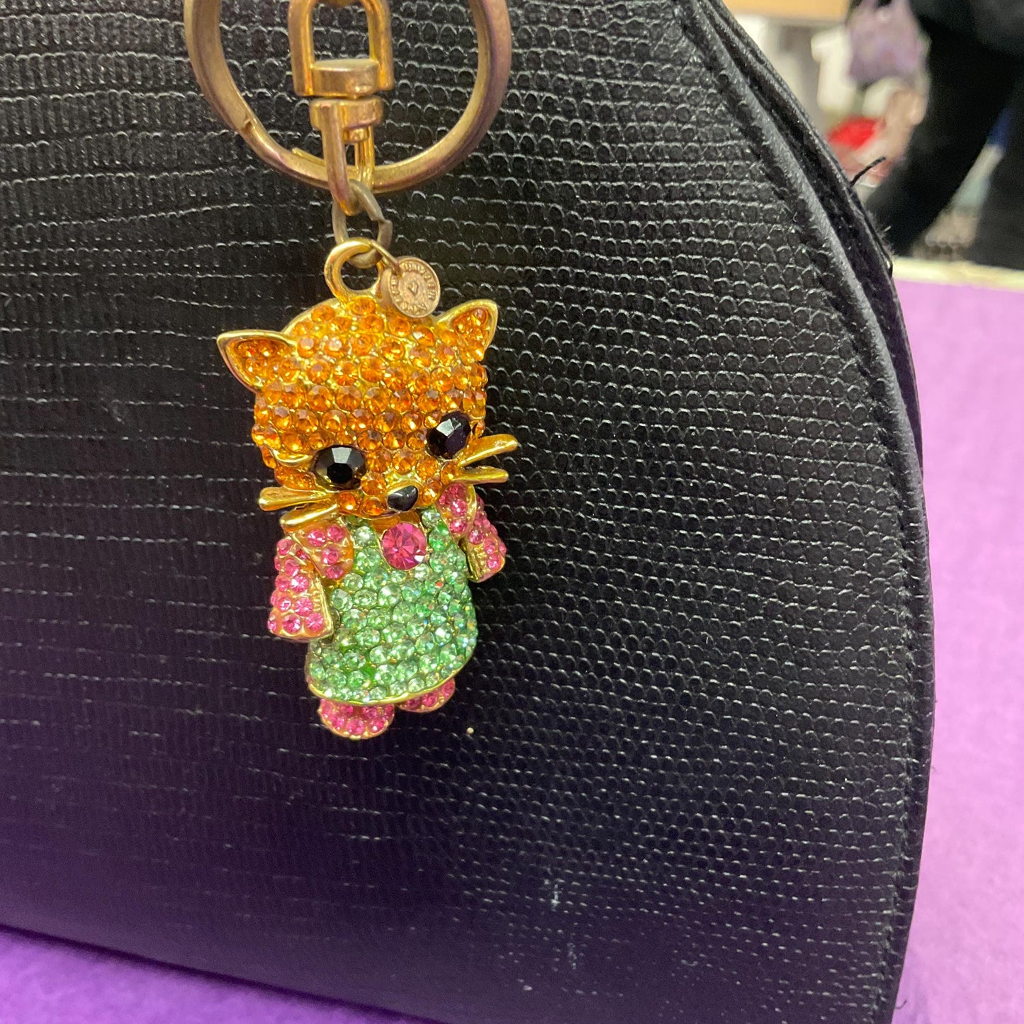 Vintage Butler and Wilson Crystal Kitty Handbag Charm/Keychain, Gold Tone with gold, green and pink rhinestone crystals