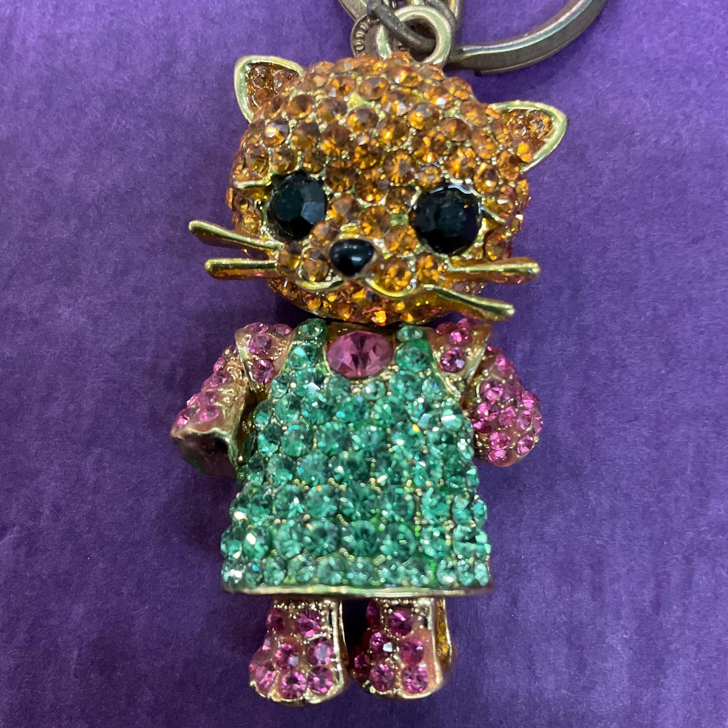 Vintage Butler and Wilson Crystal Kitty Handbag Charm/Keychain, Gold Tone with gold, green and pink rhinestone crystals