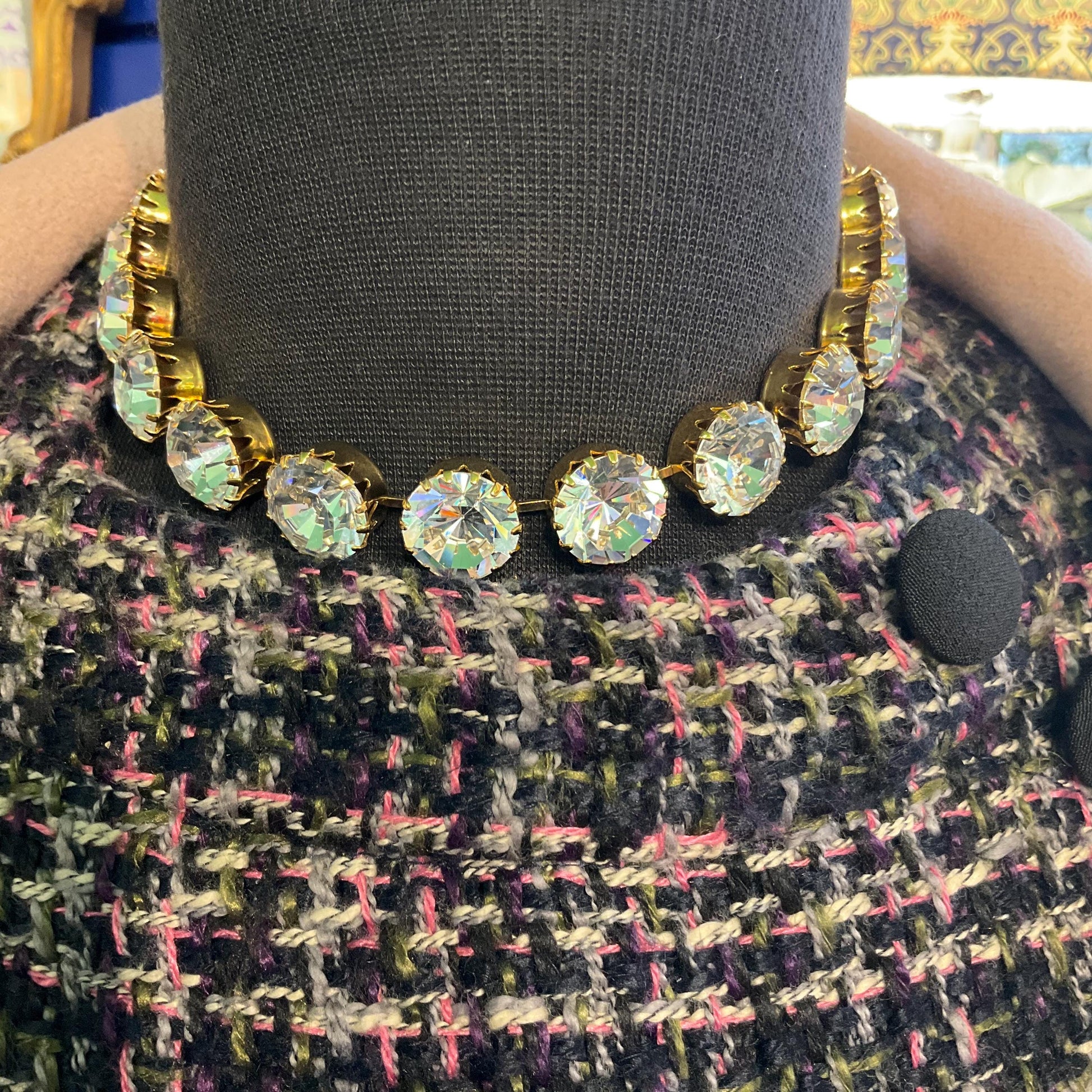 Vintage Butler and Wilson Silver Crystal Choker Style Statement Necklace, Gold tone with large faceted silver crystals