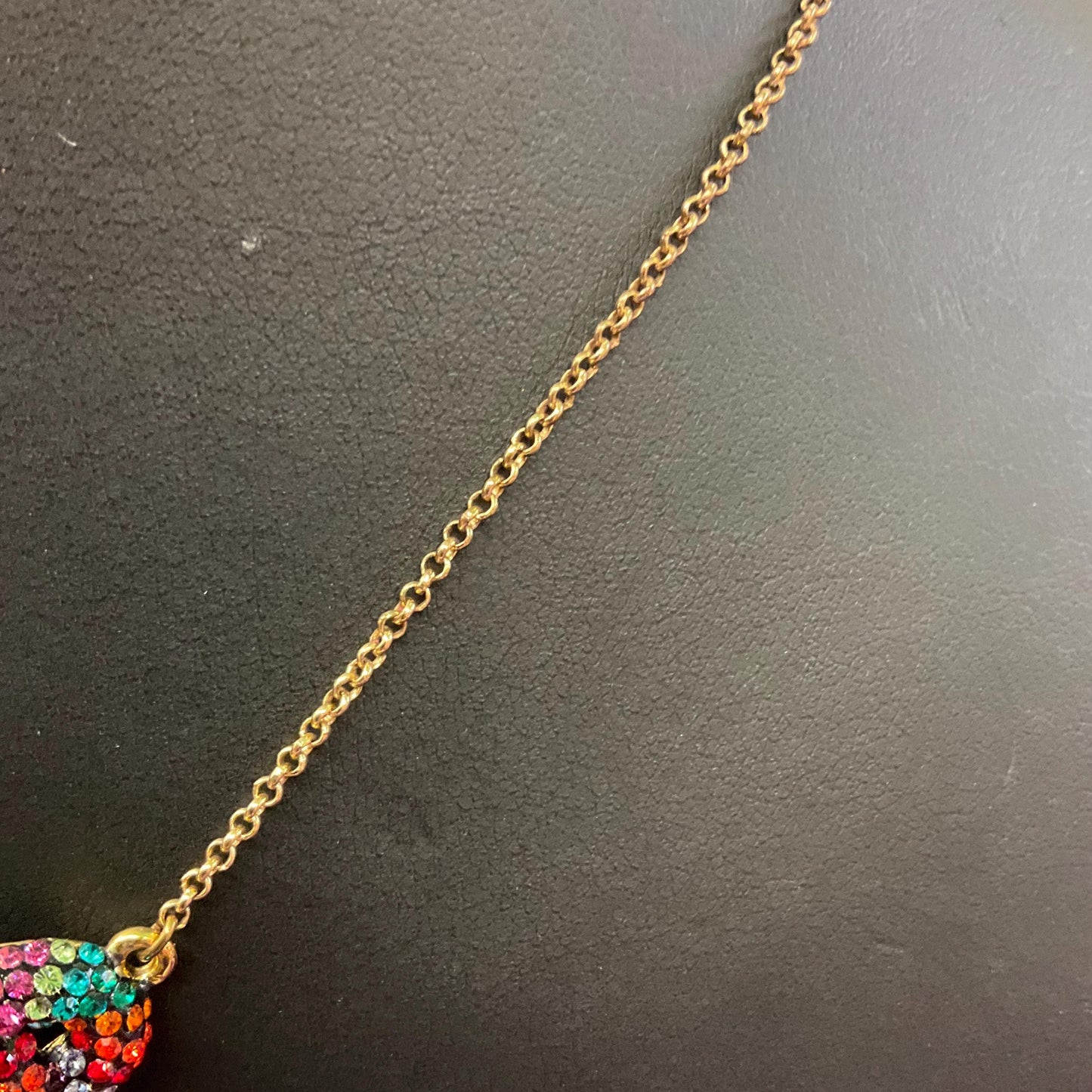 Vintage Butler and Wilson Rainbow Crystal Celtic Infinity Knot Pendant, Gold tone with Borealis multicoloured rhinestones