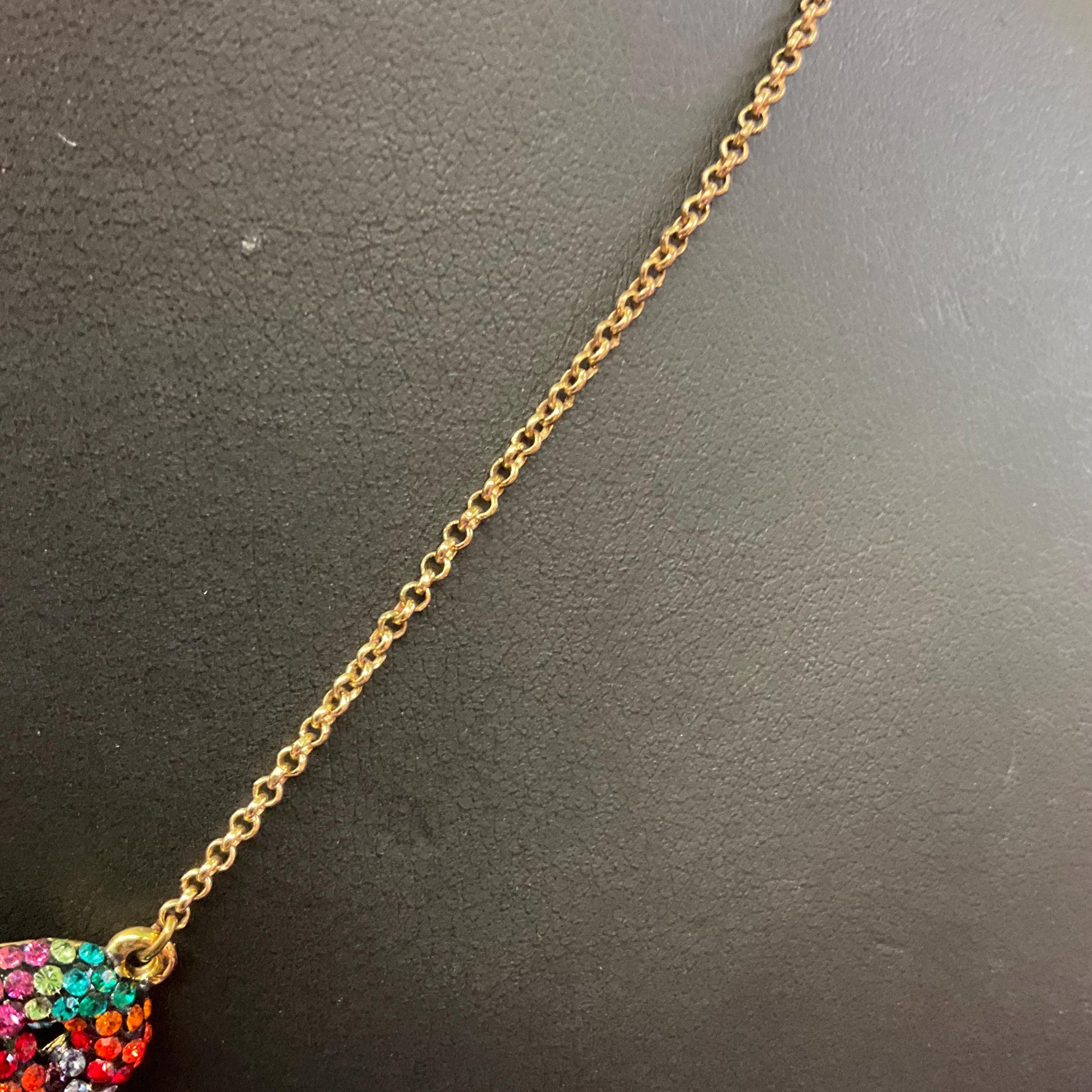 Vintage Butler and Wilson Rainbow Crystal Celtic Infinity Knot Pendant, Gold tone with Borealis multicoloured rhinestones