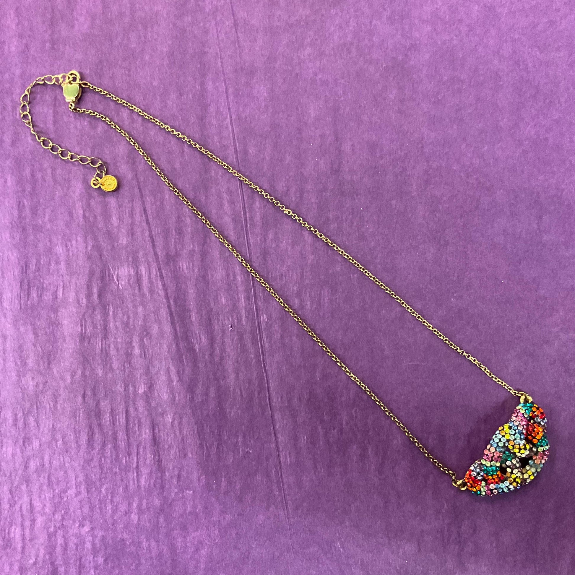 Vintage Butler and Wilson Rainbow Crystal Celtic Infinity Knot Pendant, Gold tone with Borealis multicoloured rhinestones