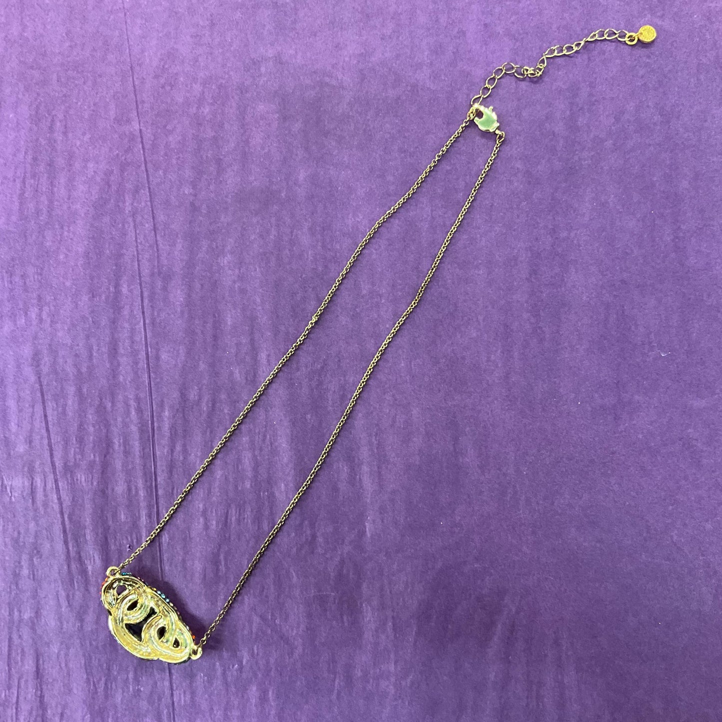 Vintage Butler and Wilson Rainbow Crystal Celtic Infinity Knot Pendant, Gold tone with Borealis multicoloured rhinestones