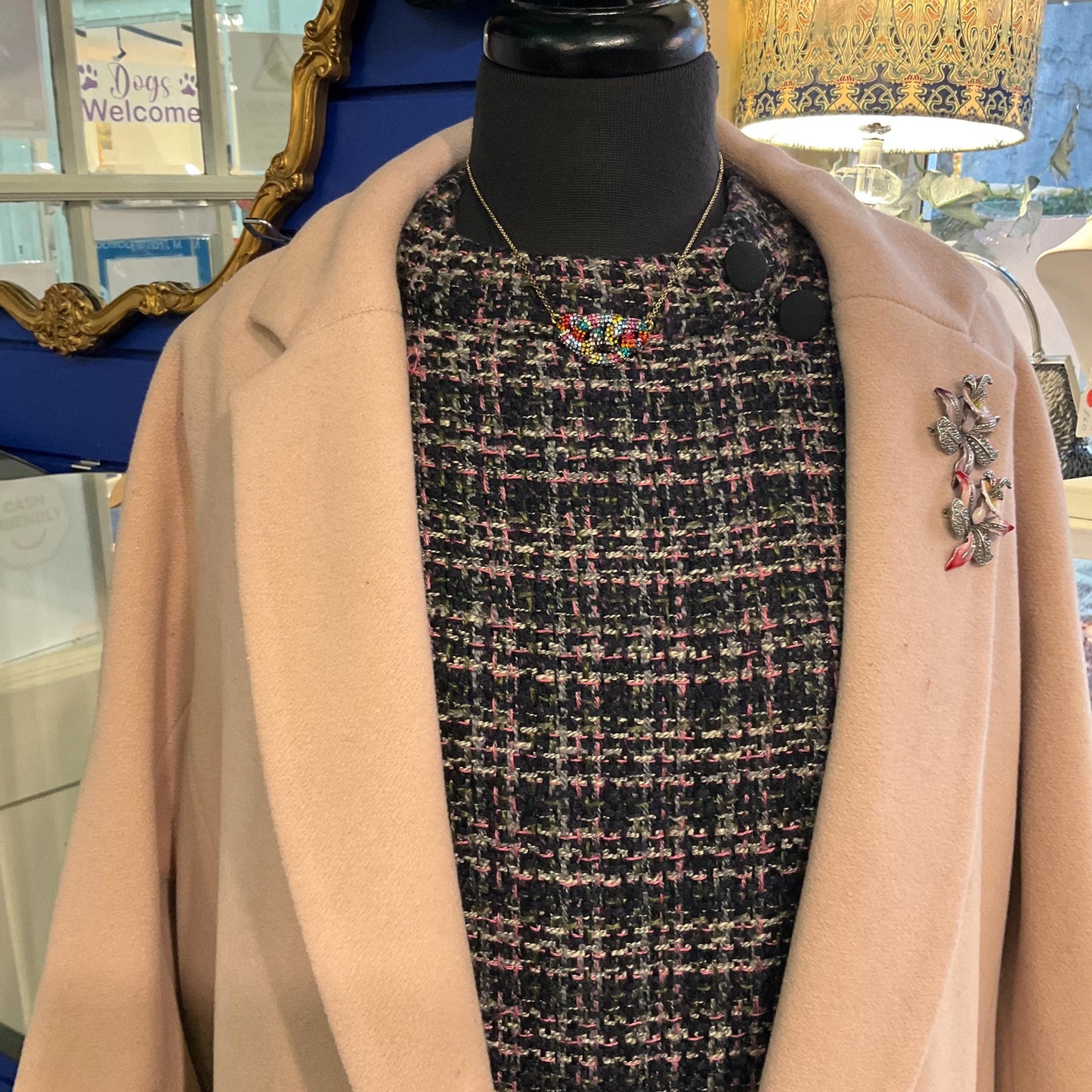 Vintage Butler and Wilson Rainbow Crystal Celtic Infinity Knot Pendant, Gold tone with Borealis multicoloured rhinestones