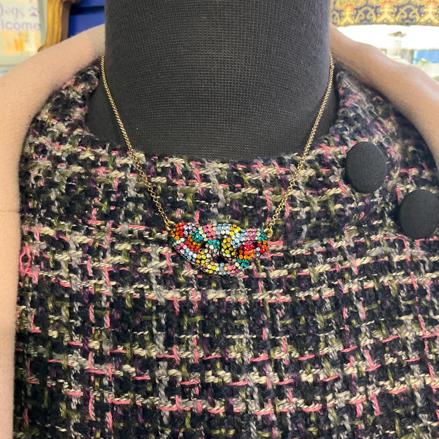 Vintage Butler and Wilson Rainbow Crystal Celtic Infinity Knot Pendant, Gold tone with Borealis multicoloured rhinestones