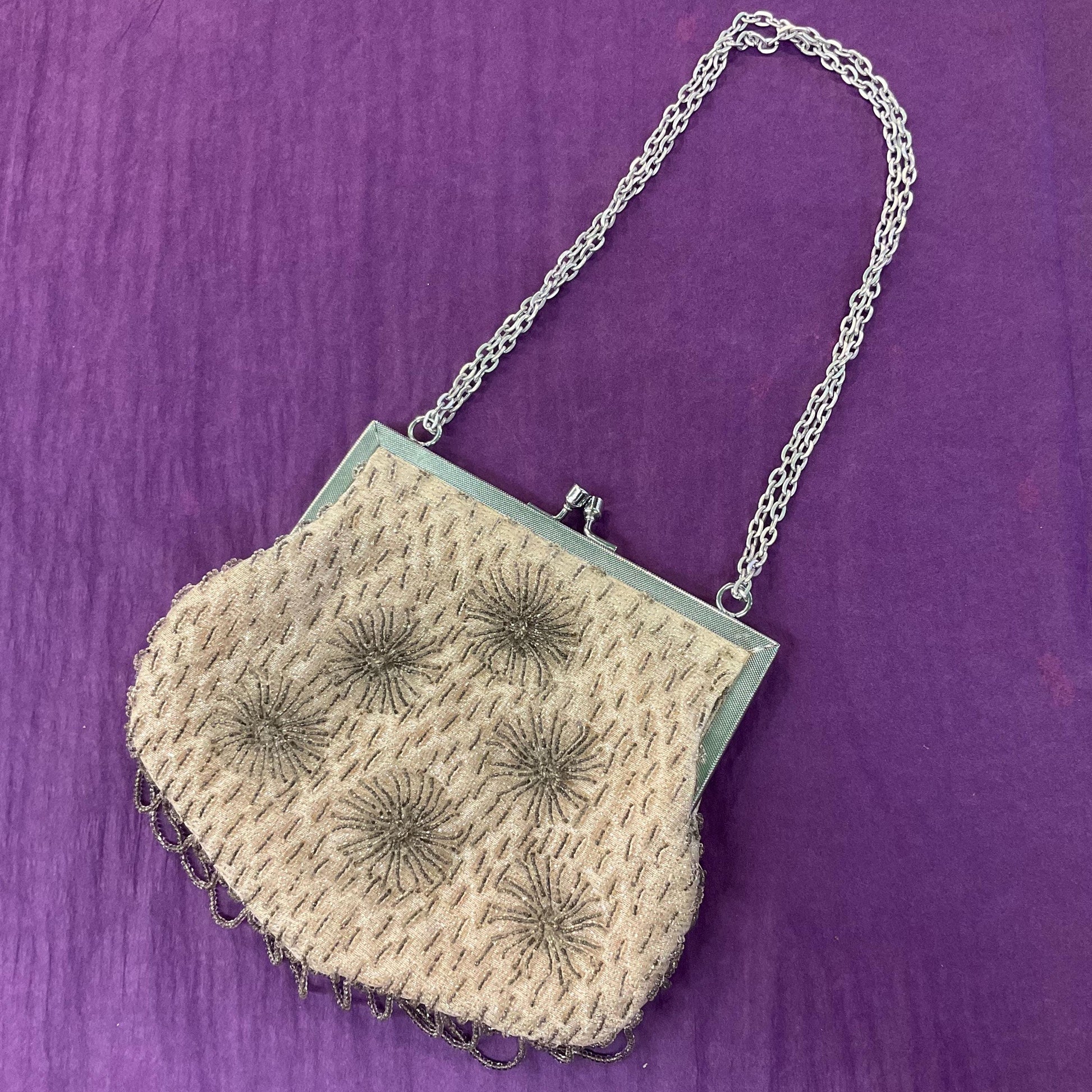 Vintage Hand Made 1960s Silver Lurex Starburst Beaded Evening Bag , Glittery metallic fabric.
