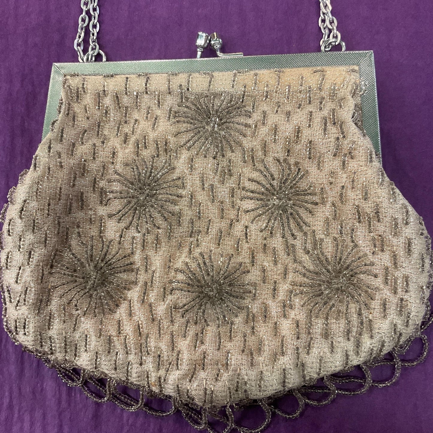 Vintage Hand Made 1960s Silver Lurex Starburst Beaded Evening Bag , Glittery metallic fabric.