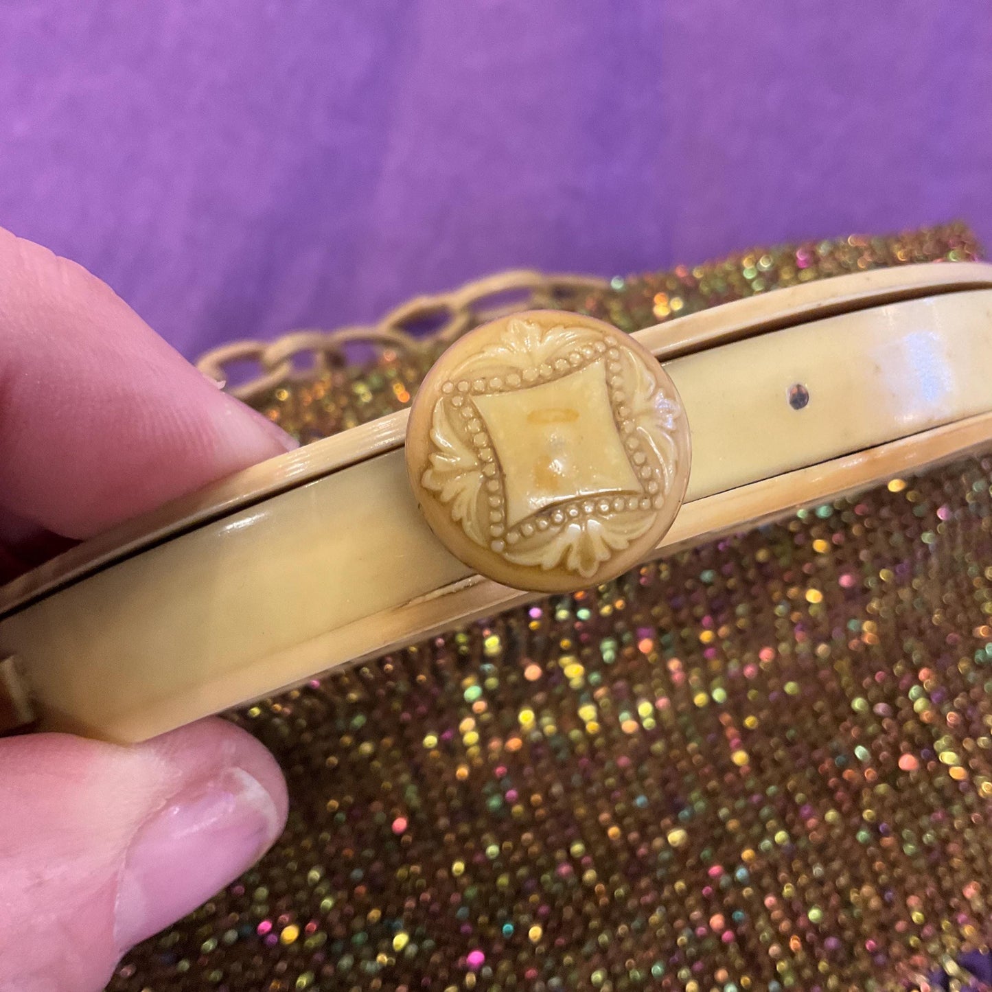 Antique Art Deco French 1920s/30s Rainbow Beaded Evening Bag with ornate Bakelite frame