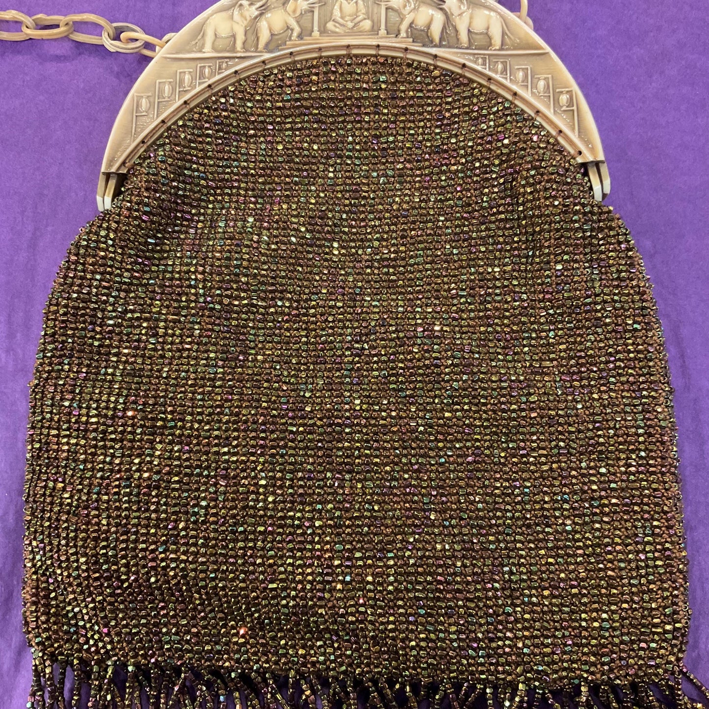Antique Art Deco French 1920s/30s Rainbow Beaded Evening Bag with ornate Bakelite frame