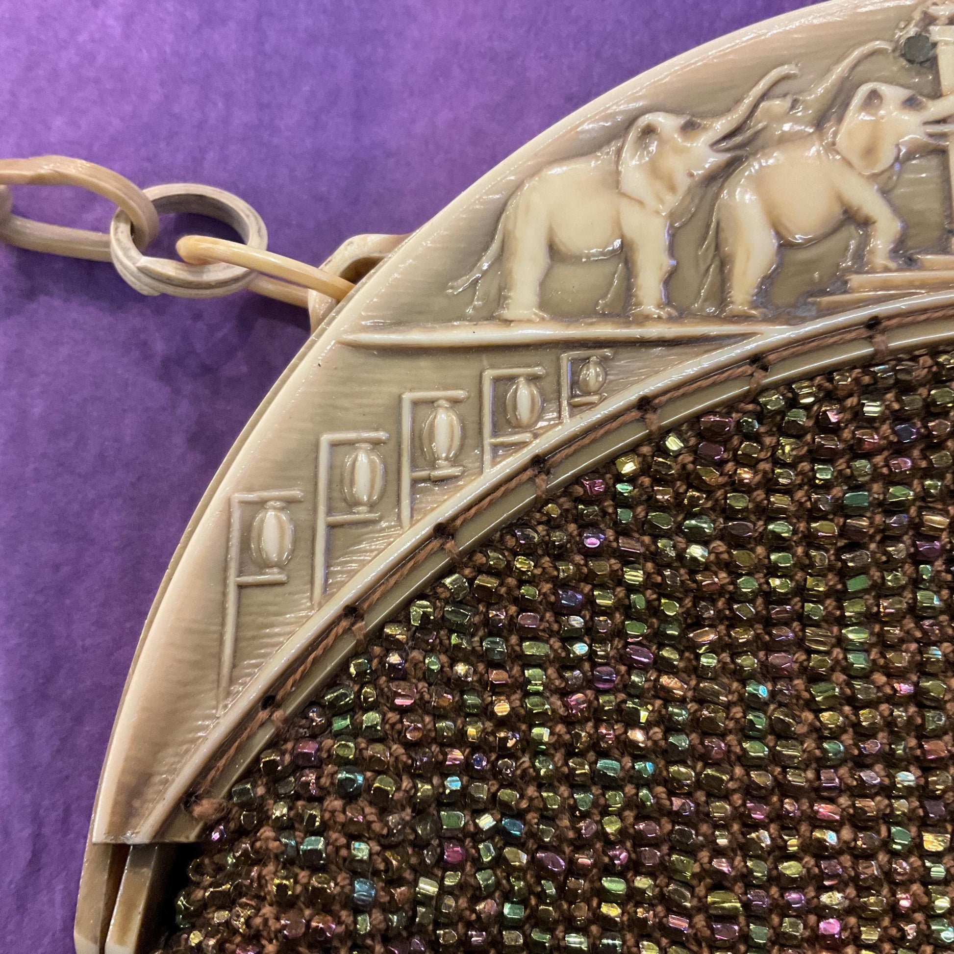 Antique Art Deco French 1920s/30s Rainbow Beaded Evening Bag with ornate Bakelite frame