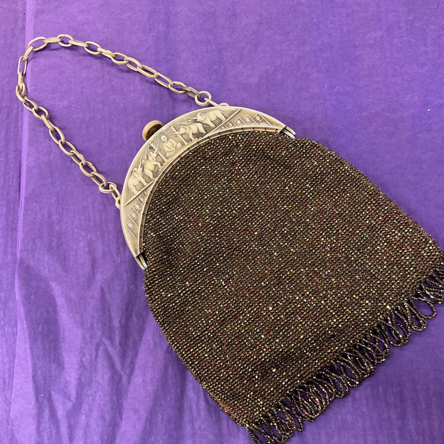 Antique Art Deco French 1920s/30s Rainbow Beaded Evening Bag with ornate Bakelite frame