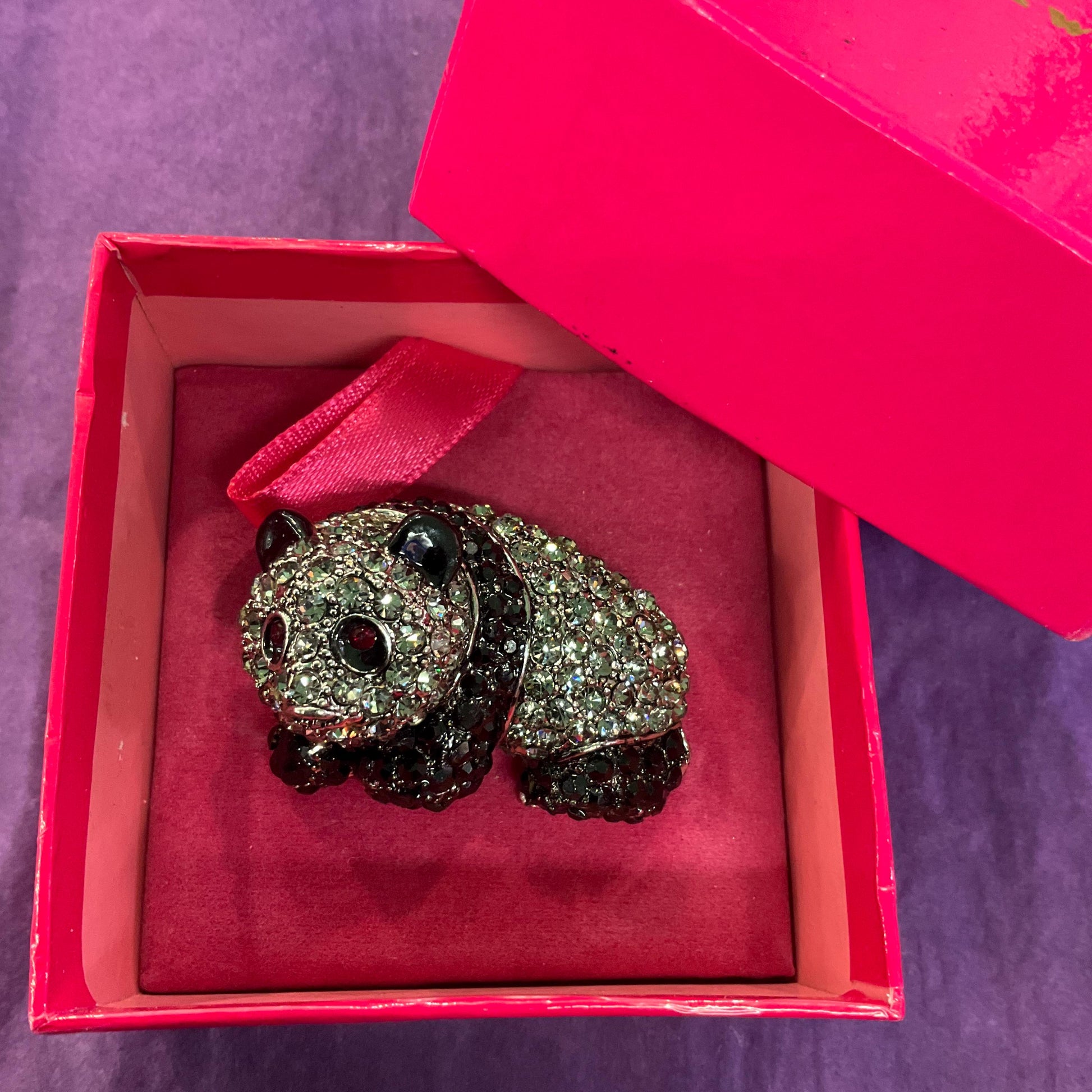 vintage Butler and Wilson Crystal panda Brooch, pewter tone with Black and pewter rhinestones, signed in original box.