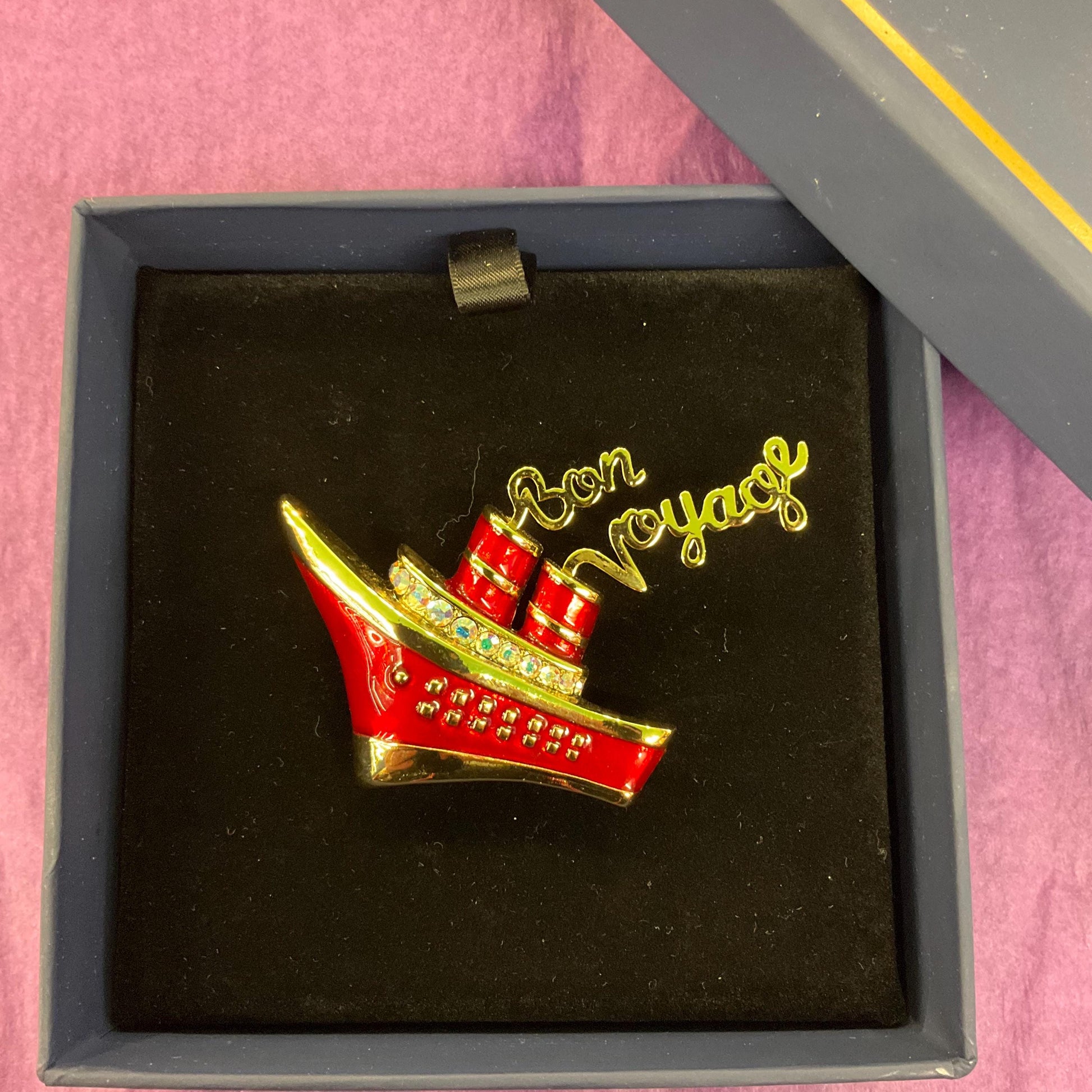 Vintage Butler and Wilson Art Deco Style ‘Bon Voyage’ large brooch, Gold tone metal with lustre enamel and Borealis crystals