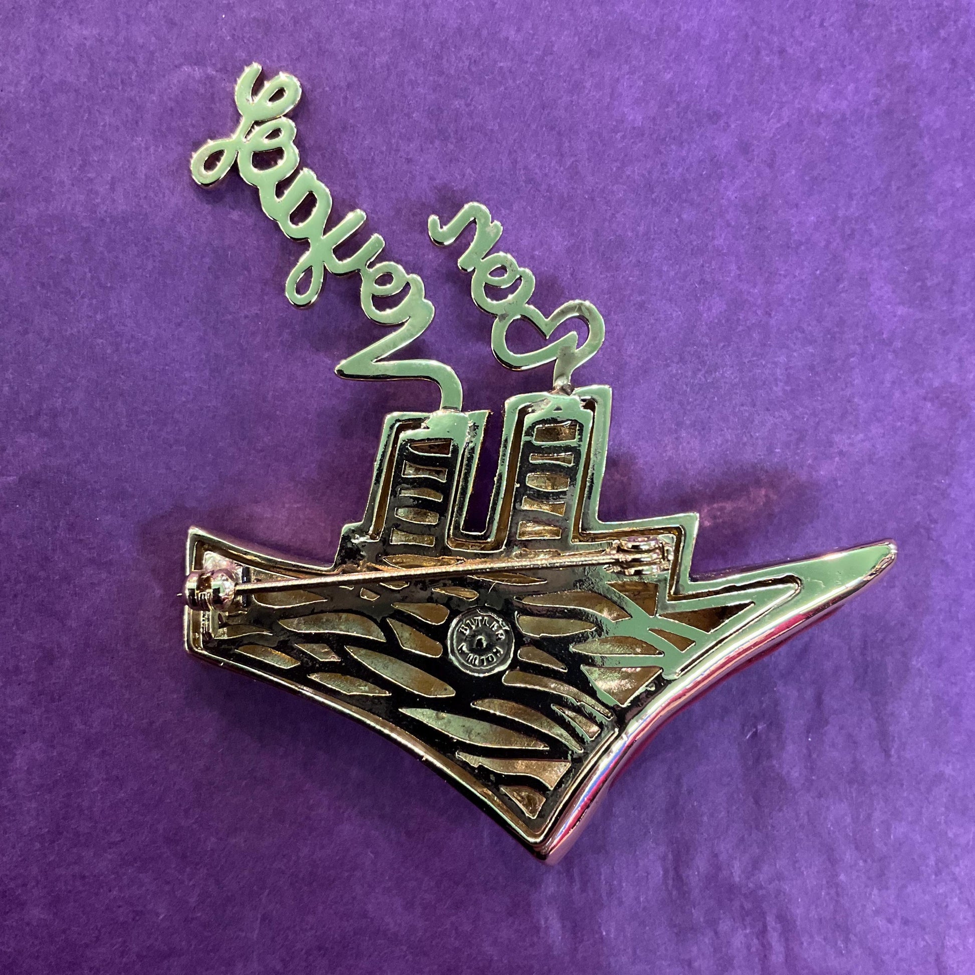 Vintage Butler and Wilson Art Deco Style ‘Bon Voyage’ large brooch, Gold tone metal with lustre enamel and Borealis crystals