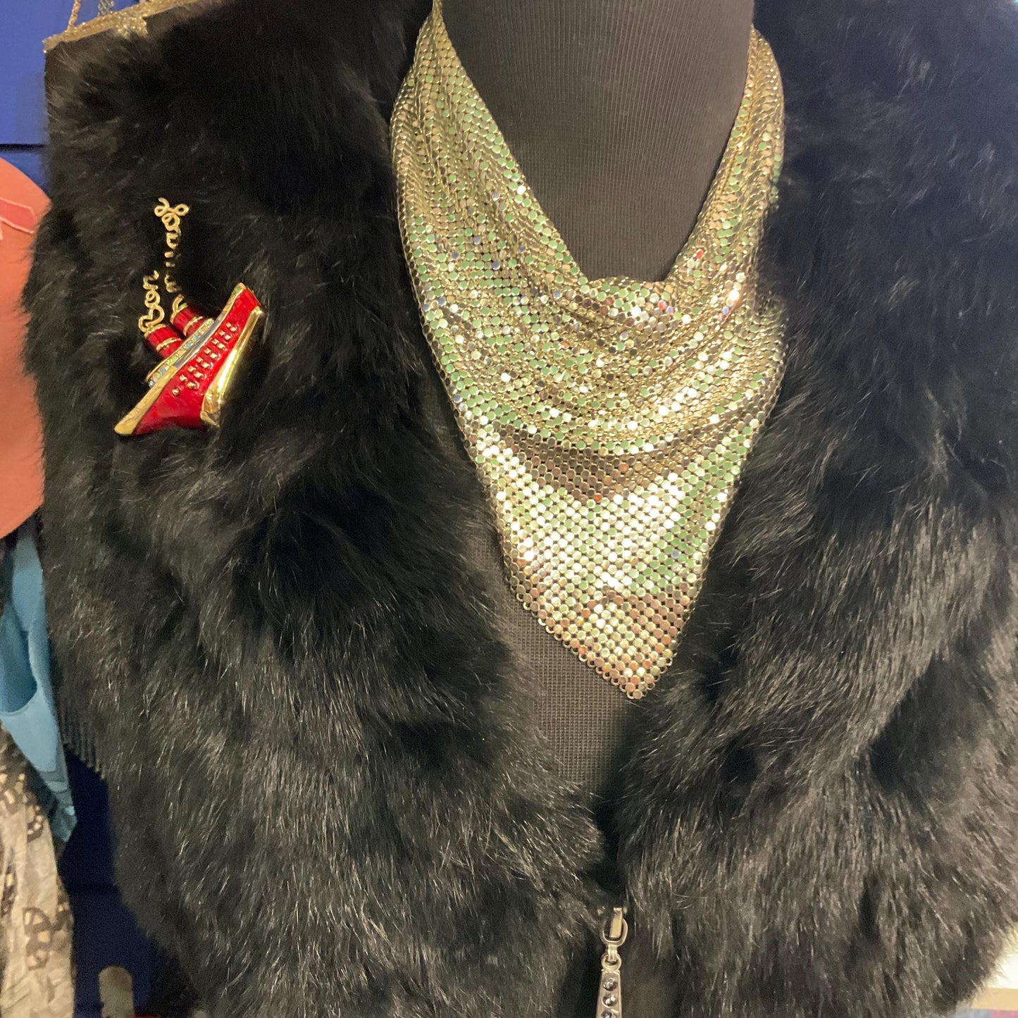 Vintage Butler and Wilson Art Deco Style ‘Bon Voyage’ large brooch, Gold tone metal with lustre enamel and Borealis crystals