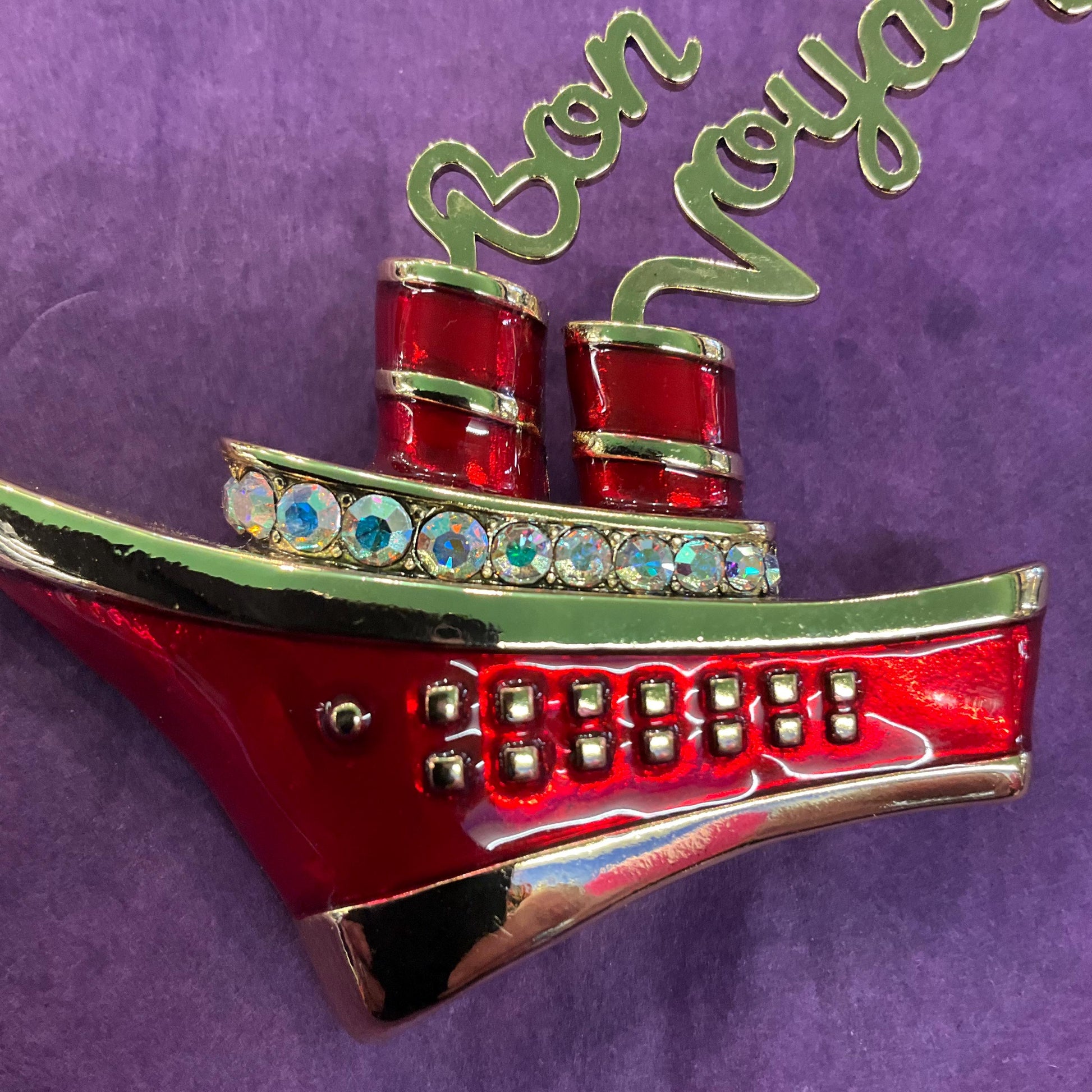 Vintage Butler and Wilson Art Deco Style ‘Bon Voyage’ large brooch, Gold tone metal with lustre enamel and Borealis crystals
