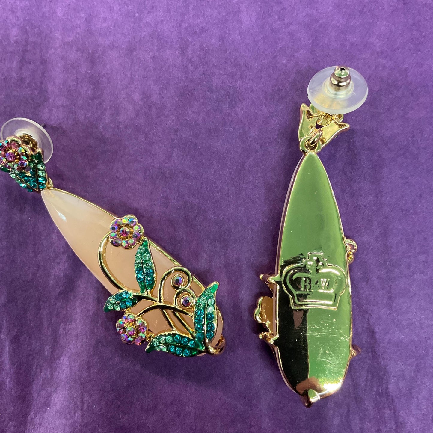 Vintage Butler and Wilson Statement Crystal Floral Drop Earrings, Gold Tone metal with large teardrop crystal and Borealis rhinestones