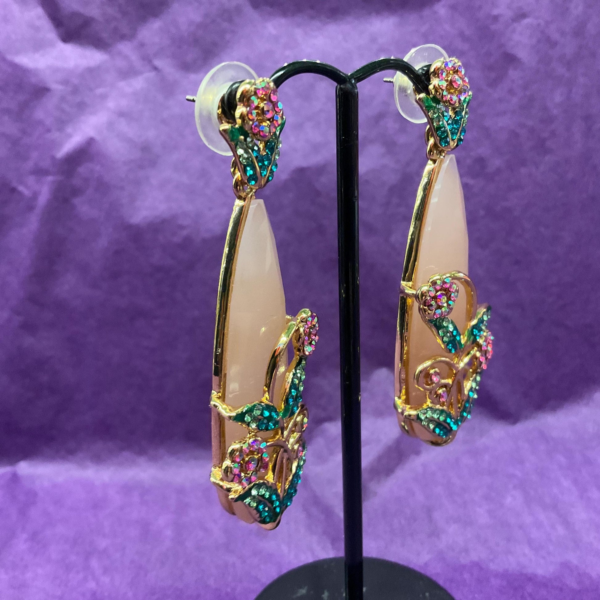 Vintage Butler and Wilson Statement Crystal Floral Drop Earrings, Gold Tone metal with large teardrop crystal and Borealis rhinestones