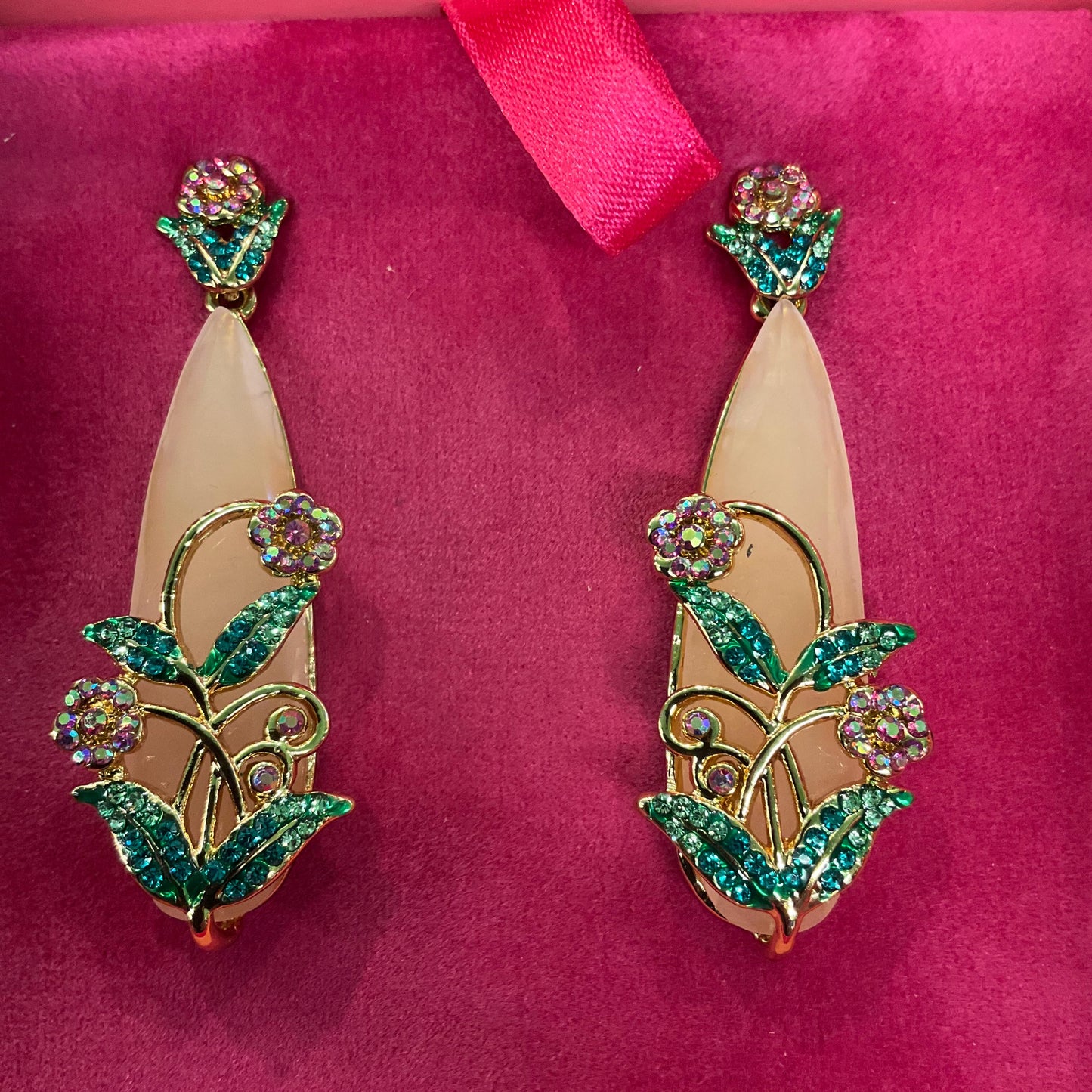 Vintage Butler and Wilson Statement Crystal Floral Drop Earrings, Gold Tone metal with large teardrop crystal and Borealis rhinestones