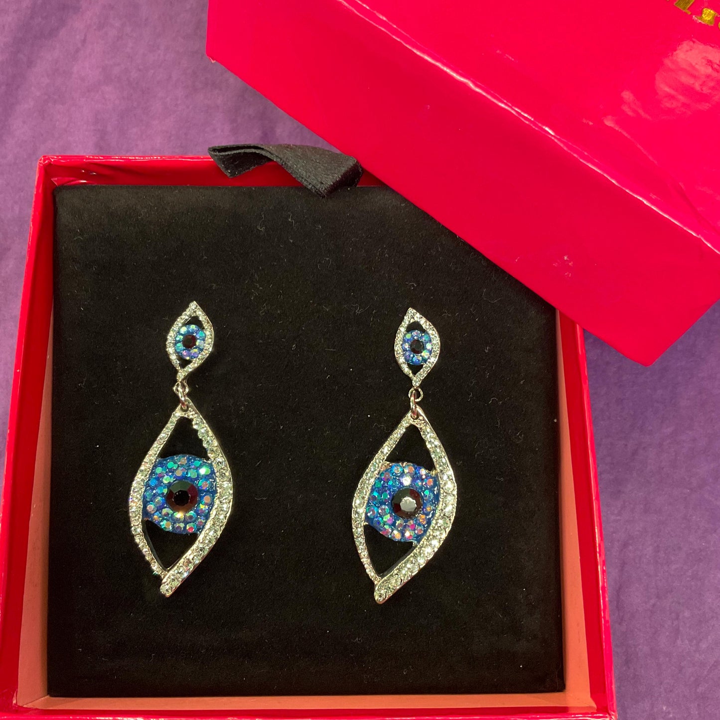 Vintage Butler and Wilson Statement Crystal Eye Long Drop Earrings , Silver tone metal with black and blue Borealis Rhinestones