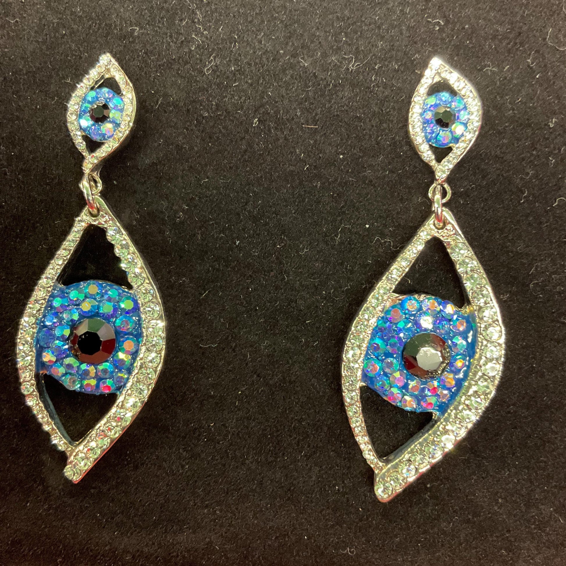 Vintage Butler and Wilson Statement Crystal Eye Long Drop Earrings , Silver tone metal with black and blue Borealis Rhinestones