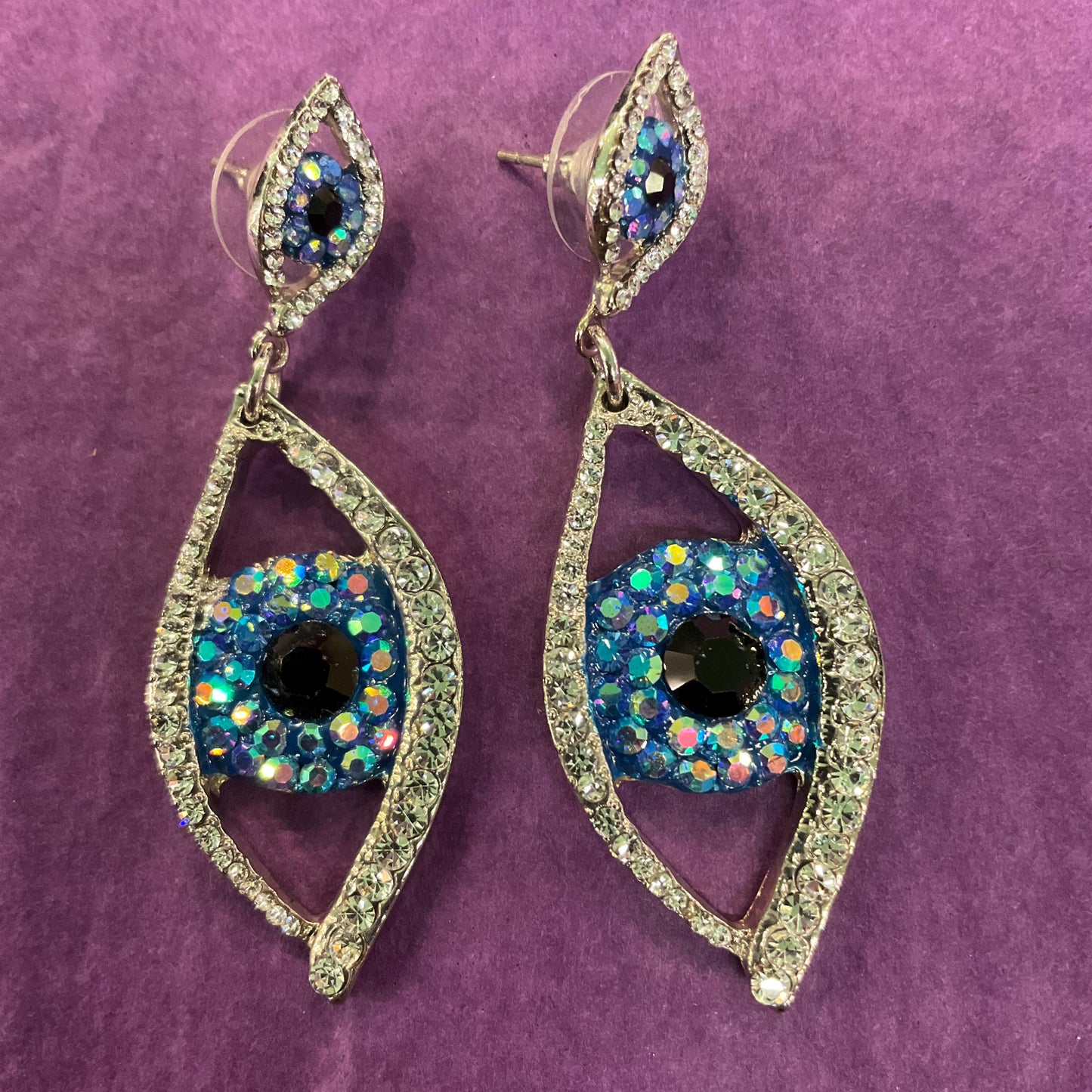 Vintage Butler and Wilson Statement Crystal Eye Long Drop Earrings , Silver tone metal with black and blue Borealis Rhinestones