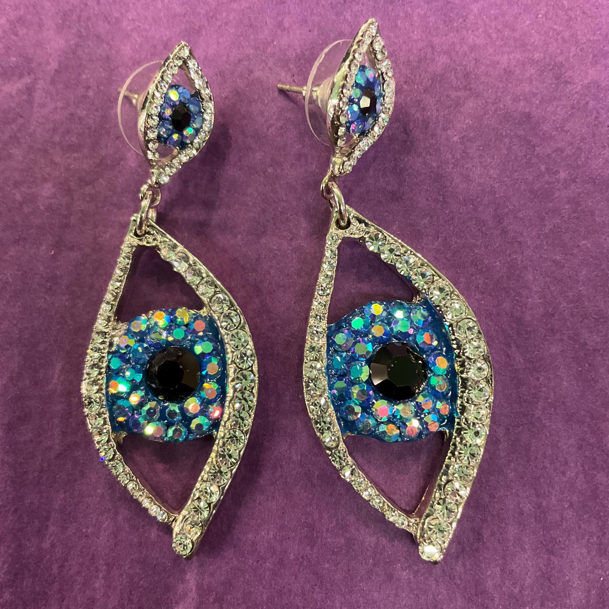 Vintage Butler and Wilson Statement Crystal Eye Long Drop Earrings , Silver tone metal with black and blue Borealis Rhinestones