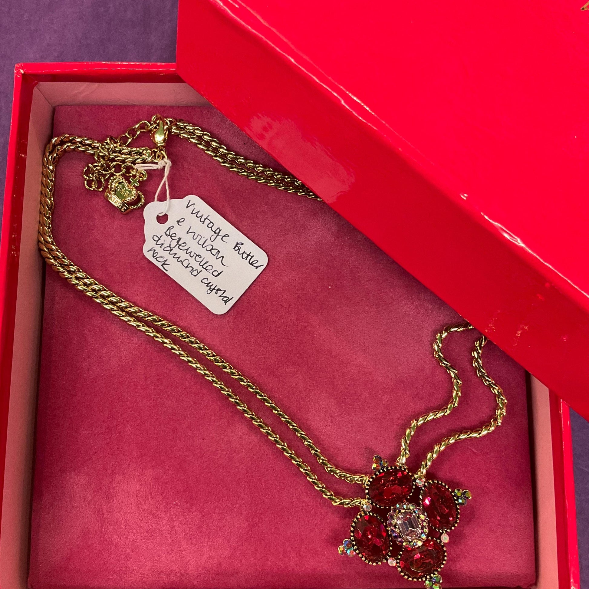 Vintage Butler and Wilson Statement Red Bejewelled Diamond Crystal Necklace, Gold tone metal with red and pink Borealis crystals