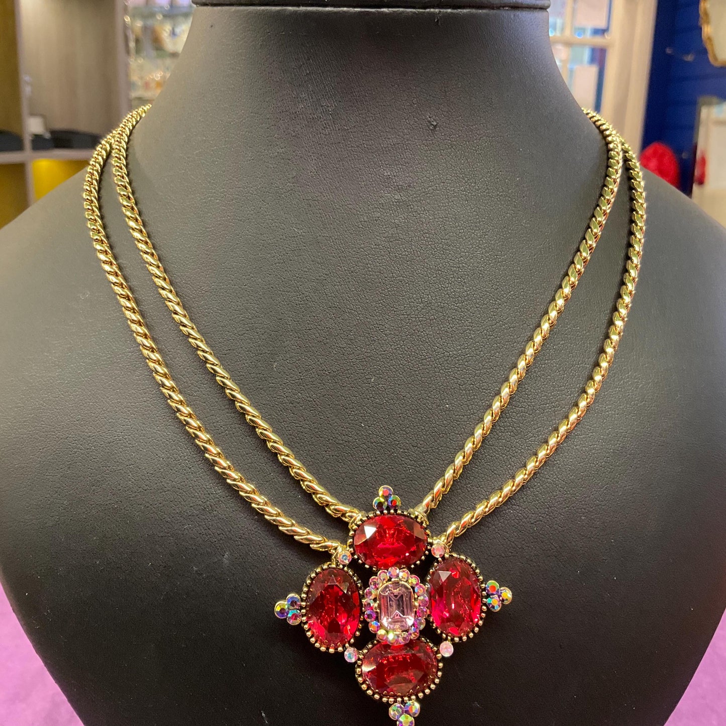 Vintage Butler and Wilson Statement Red Bejewelled Diamond Crystal Necklace, Gold tone metal with red and pink Borealis crystals