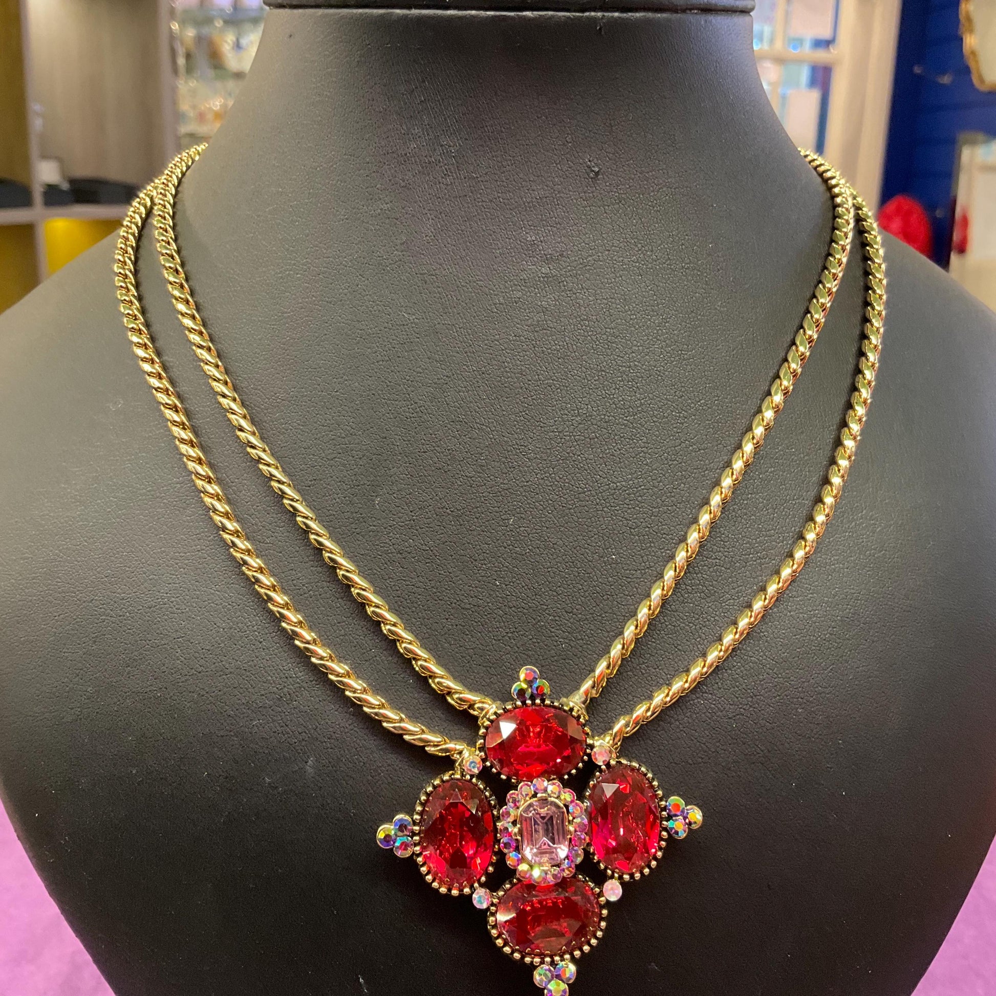 Vintage Butler and Wilson Statement Red Bejewelled Diamond Crystal Necklace, Gold tone metal with red and pink Borealis crystals