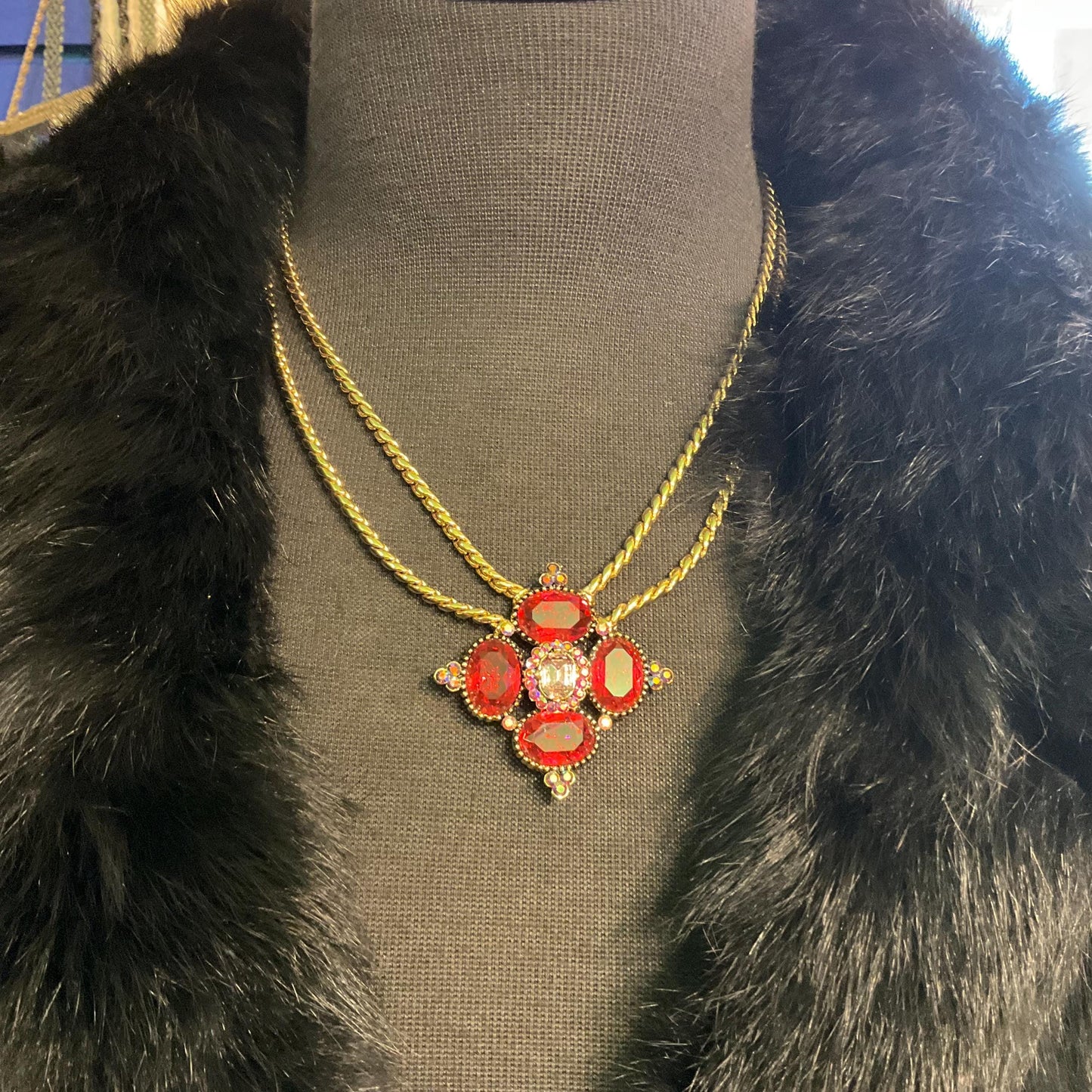 Vintage Butler and Wilson Statement Red Bejewelled Diamond Crystal Necklace, Gold tone metal with red and pink Borealis crystals