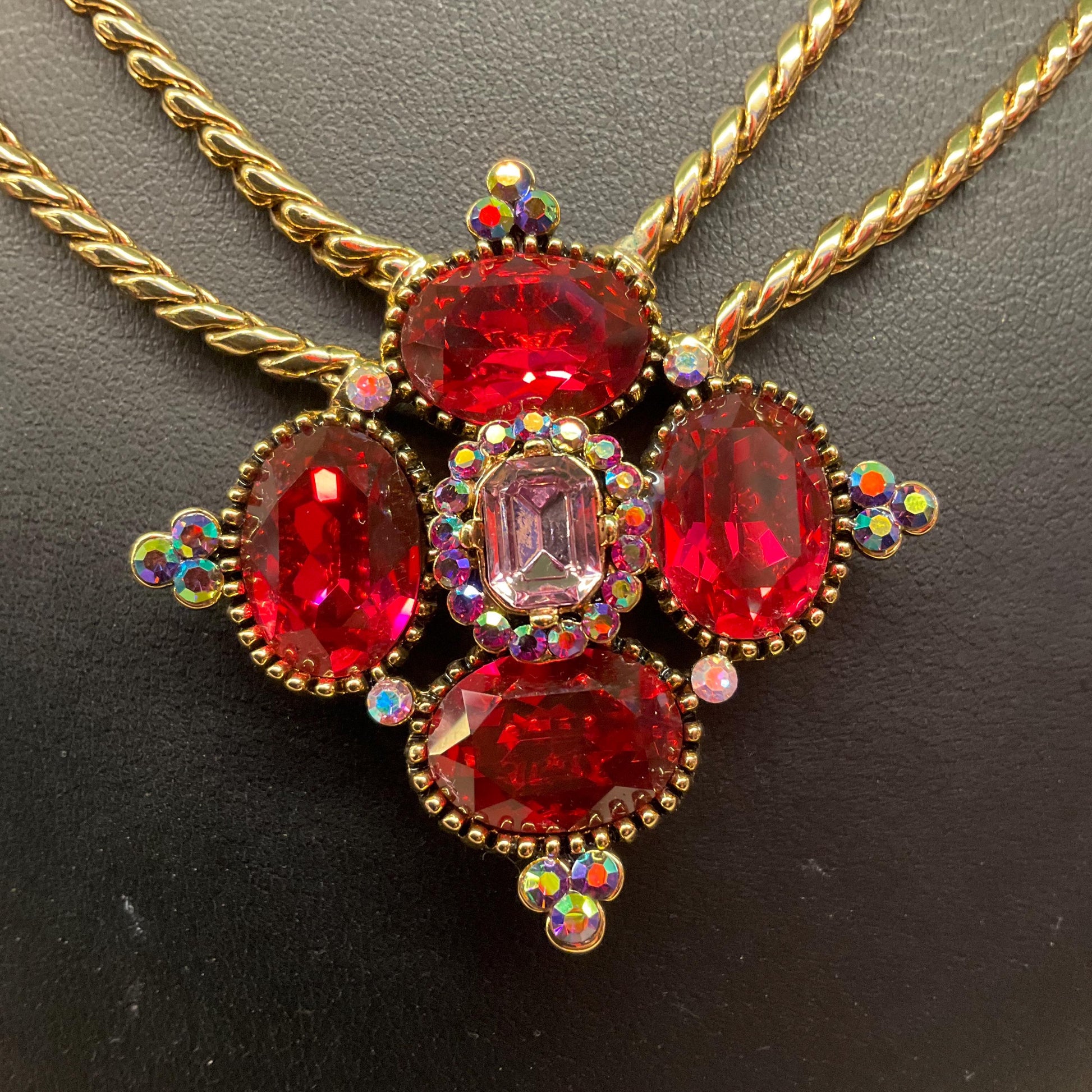 Vintage Butler and Wilson Statement Red Bejewelled Diamond Crystal Necklace, Gold tone metal with red and pink Borealis crystals