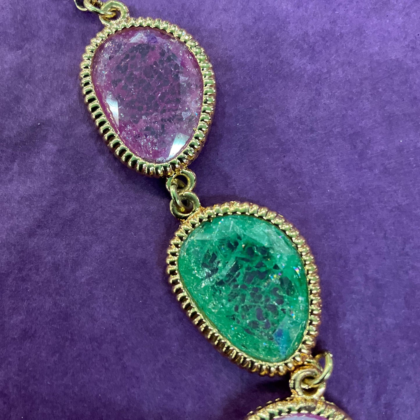 Vintage Butler and Wilson Pink and Green Riticulated Crystal Necklace , Gold tone metal with craqueleur crystals