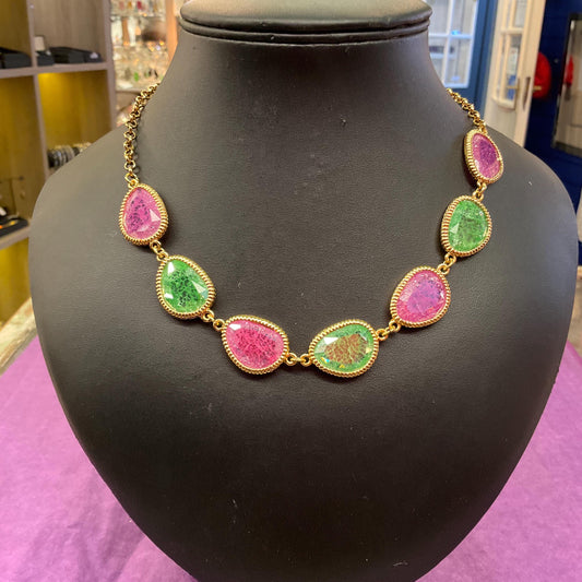 Vintage Butler and Wilson Pink and Green Riticulated Crystal Necklace , Gold tone metal with craqueleur crystals