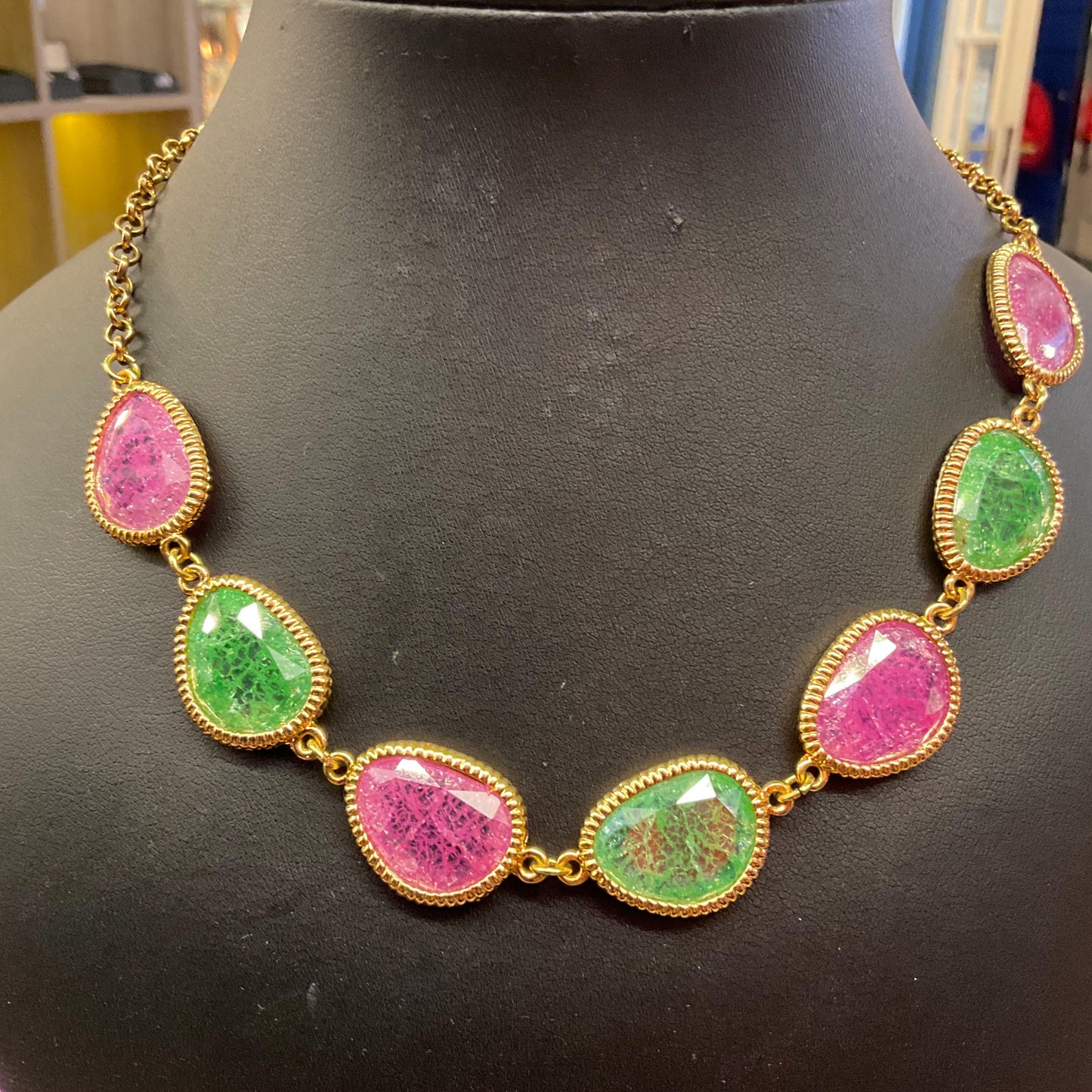 Vintage Butler and Wilson Pink and Green Riticulated Crystal Necklace , Gold tone metal with craqueleur crystals