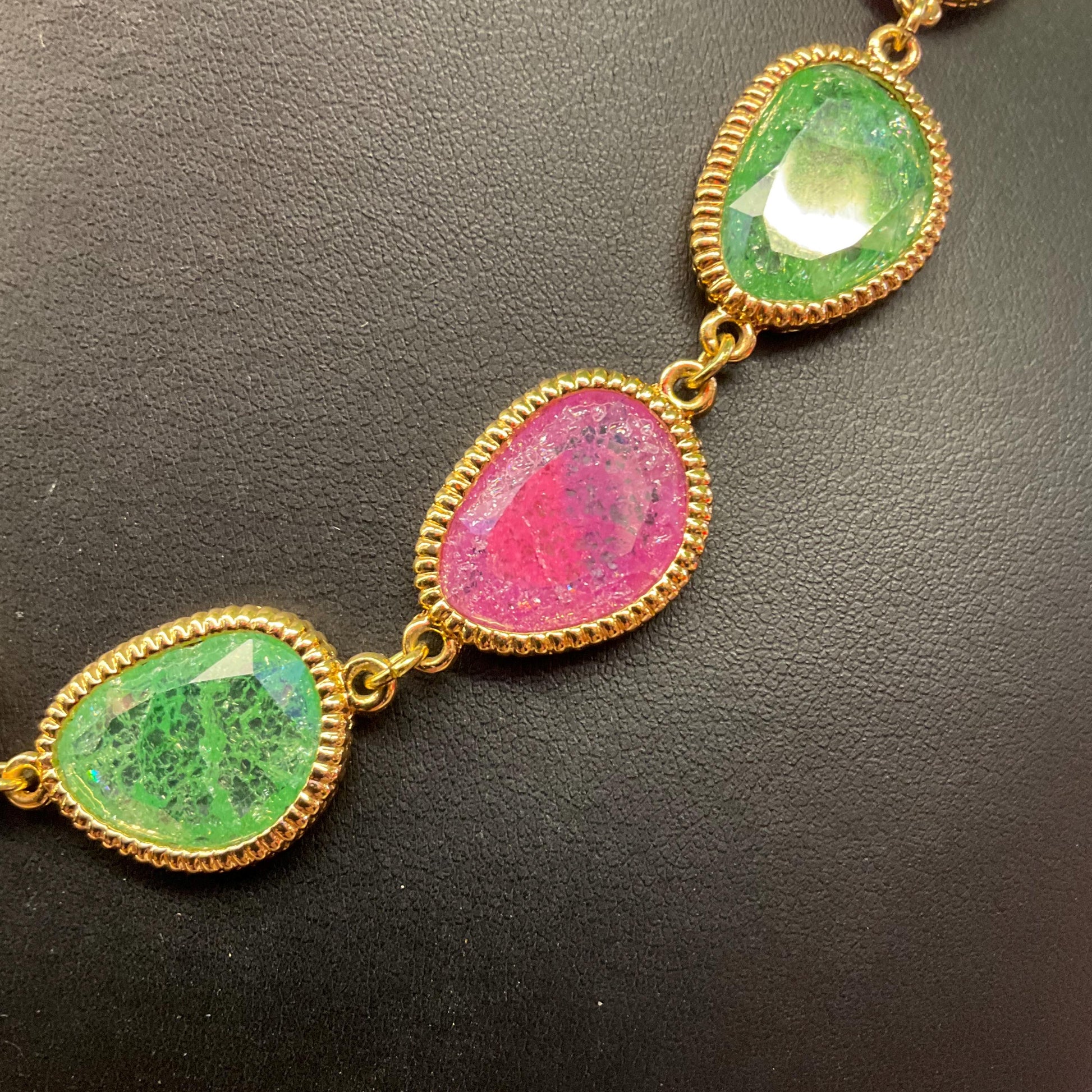 Vintage Butler and Wilson Pink and Green Riticulated Crystal Necklace , Gold tone metal with craqueleur crystals