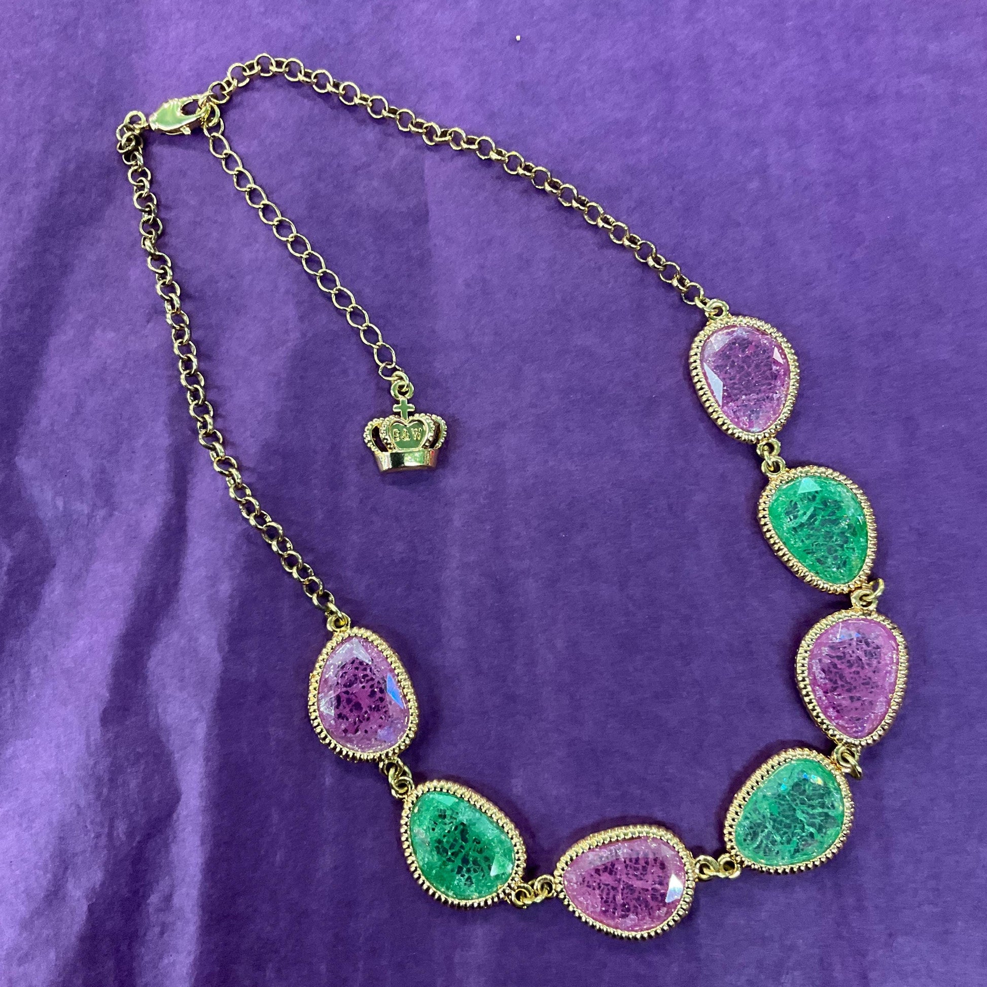 Vintage Butler and Wilson Pink and Green Riticulated Crystal Necklace , Gold tone metal with craqueleur crystals