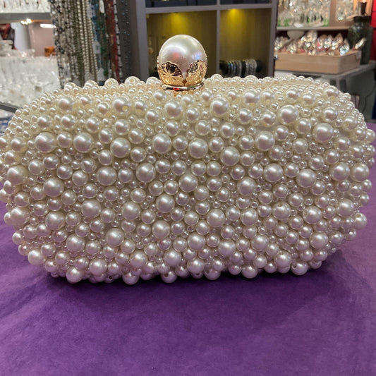 Vintage Ivory Faux Pearl Satin Evening Bag with boxy body and large faux Pearl and crystal clasp, clutch or Shoulder