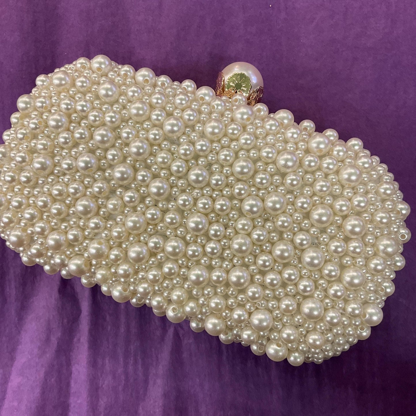 Vintage Ivory Faux Pearl Satin Evening Bag with boxy body and large faux Pearl and crystal clasp, clutch or Shoulder