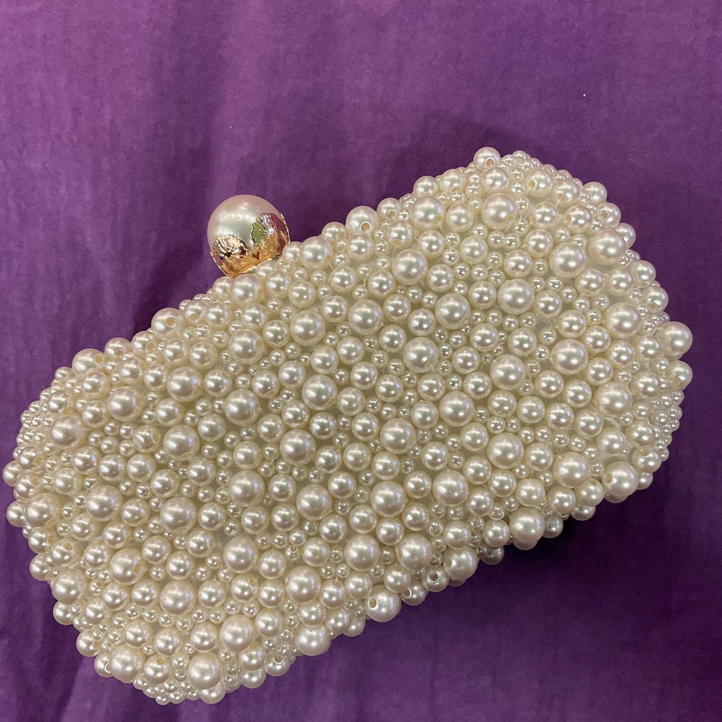 Vintage Ivory Faux Pearl Satin Evening Bag with boxy body and large faux Pearl and crystal clasp, clutch or Shoulder
