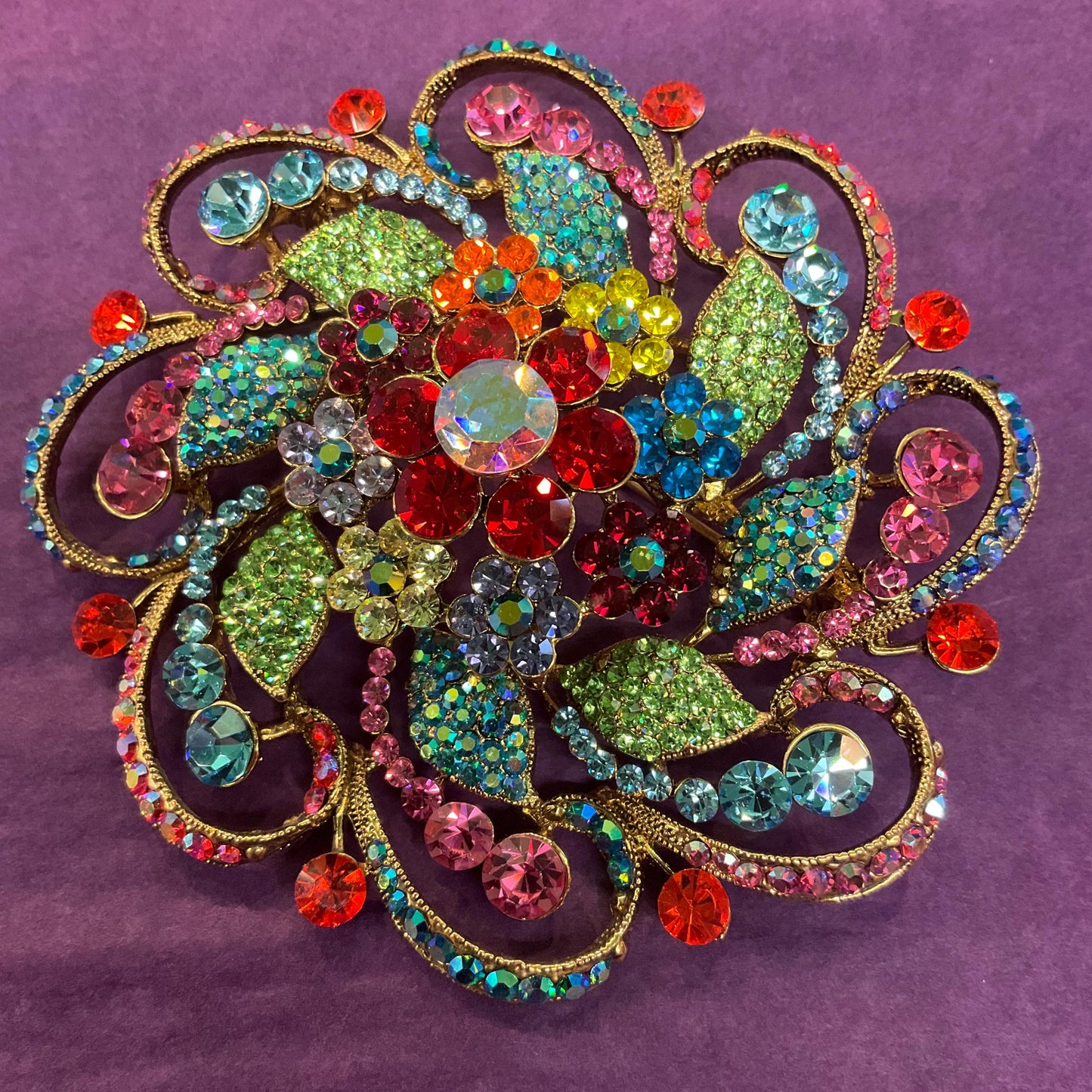 Vintage Butler and Wilson Large Rainbow Crystal Flower Brooch, Gold Tone with multicoloured Borealis Crystal, original box