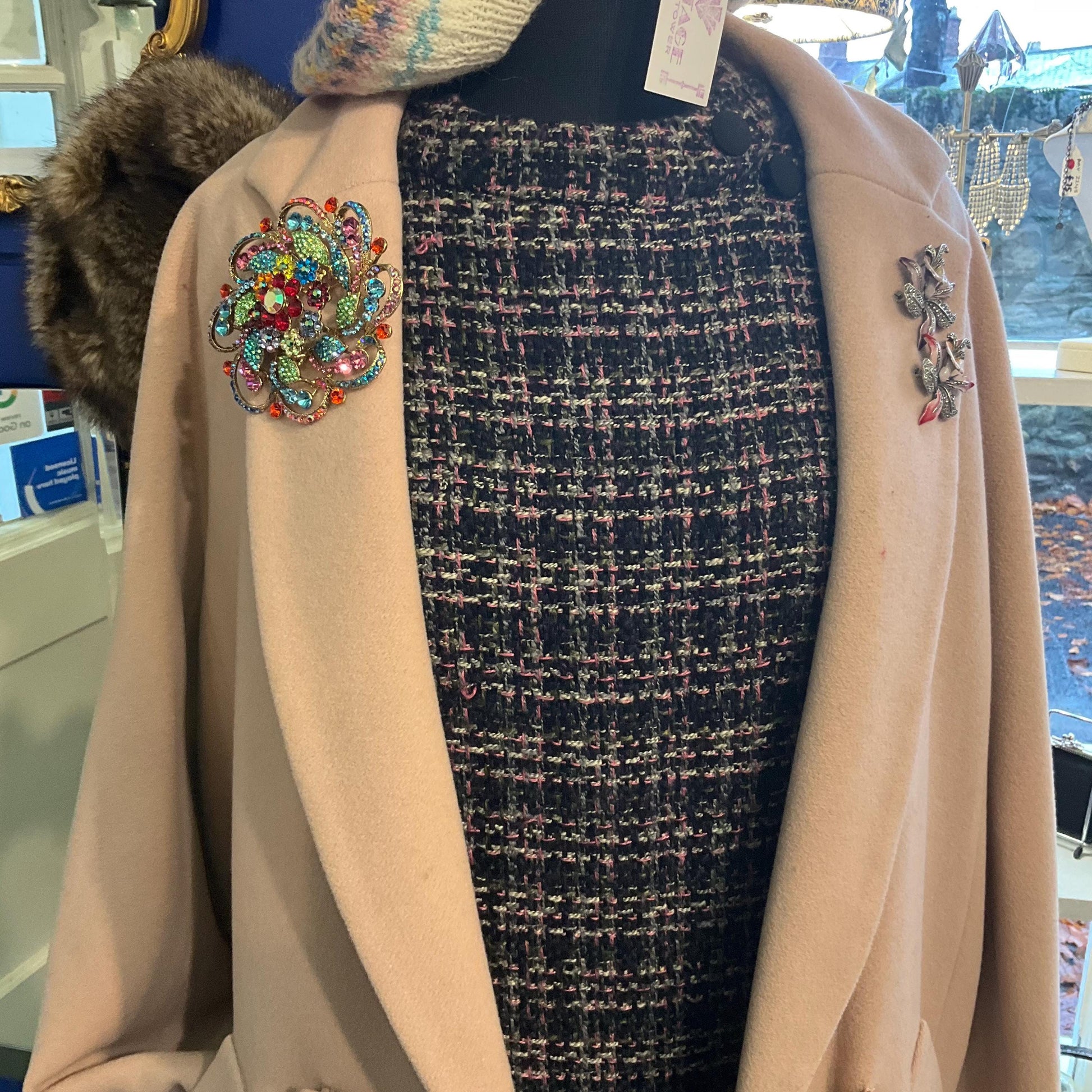 Vintage Butler and Wilson Large Rainbow Crystal Flower Brooch, Gold Tone with multicoloured Borealis Crystal, original box