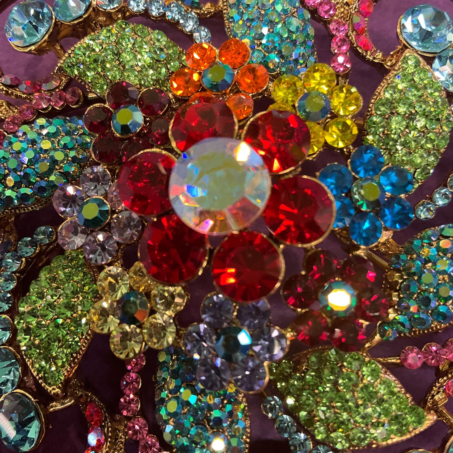 Vintage Butler and Wilson Large Rainbow Crystal Flower Brooch, Gold Tone with multicoloured Borealis Crystal, original box