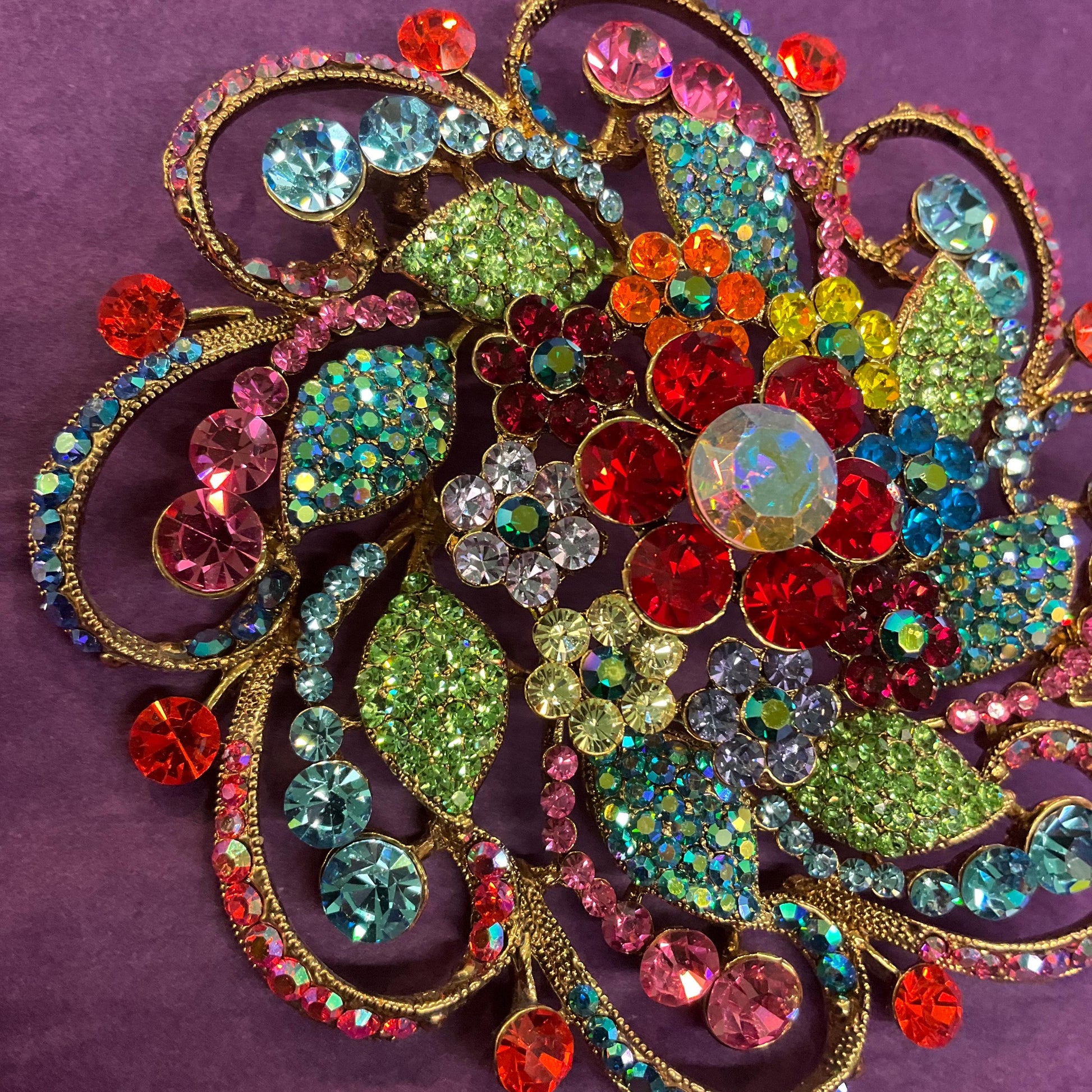 Vintage Butler and Wilson Large Rainbow Crystal Flower Brooch, Gold Tone with multicoloured Borealis Crystal, original box