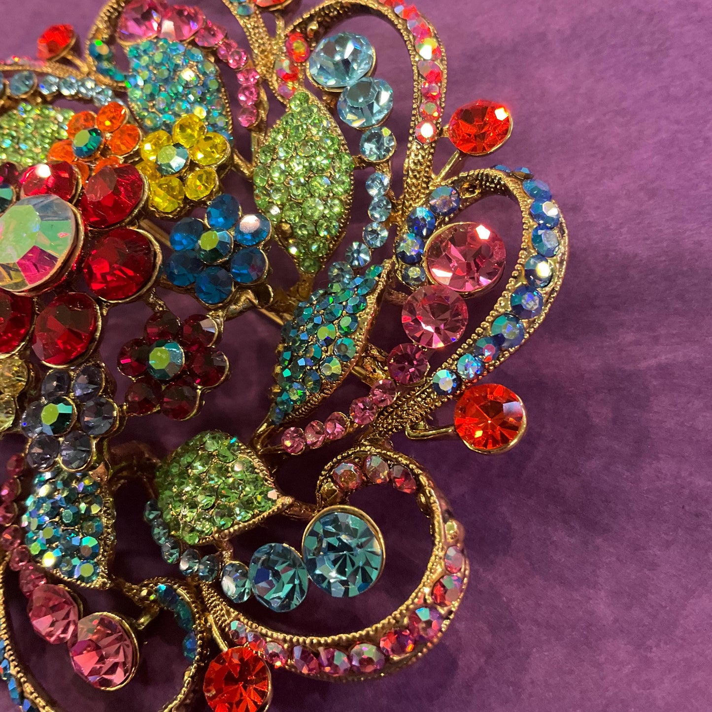 Vintage Butler and Wilson Large Rainbow Crystal Flower Brooch, Gold Tone with multicoloured Borealis Crystal, original box