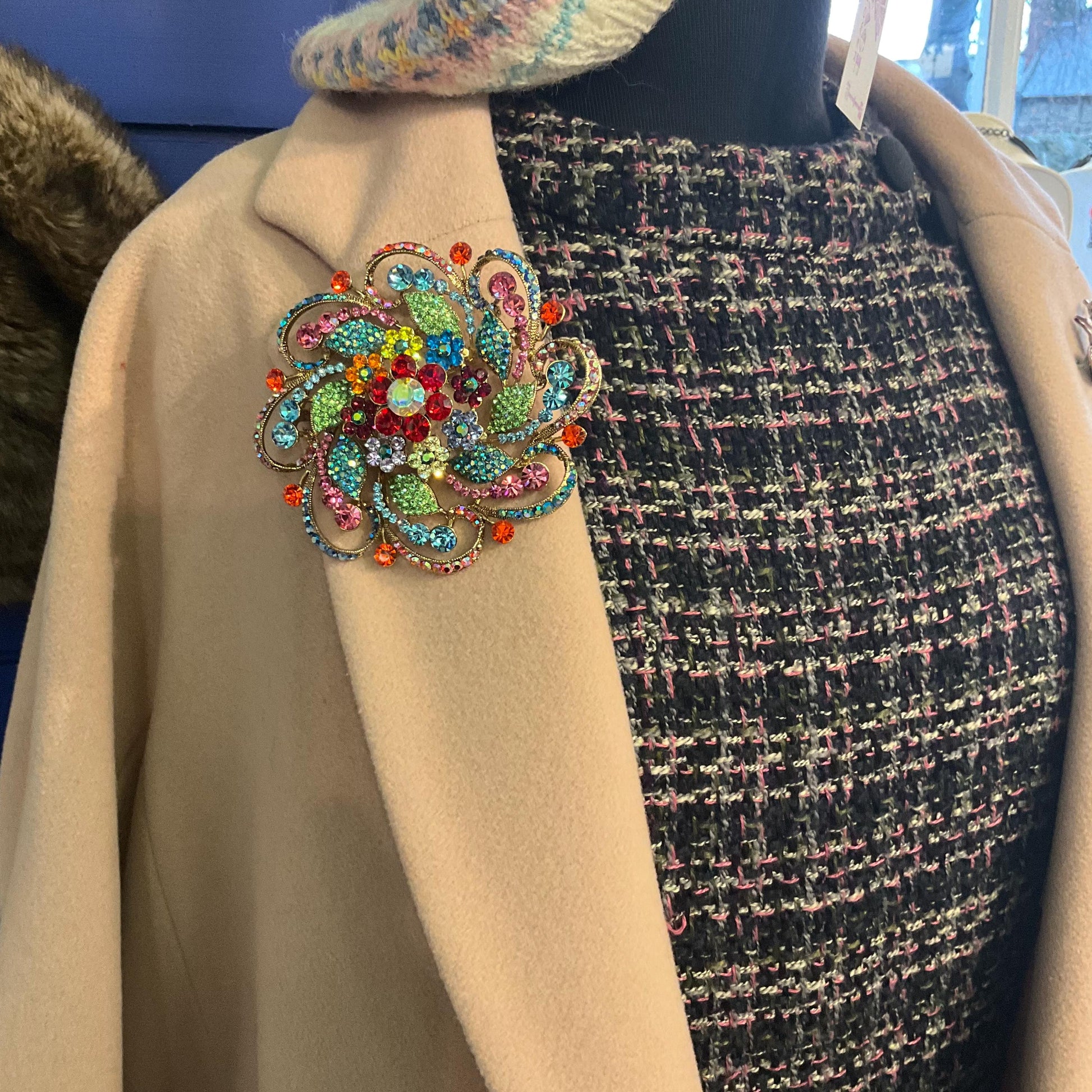 Vintage Butler and Wilson Large Rainbow Crystal Flower Brooch, Gold Tone with multicoloured Borealis Crystal, original box