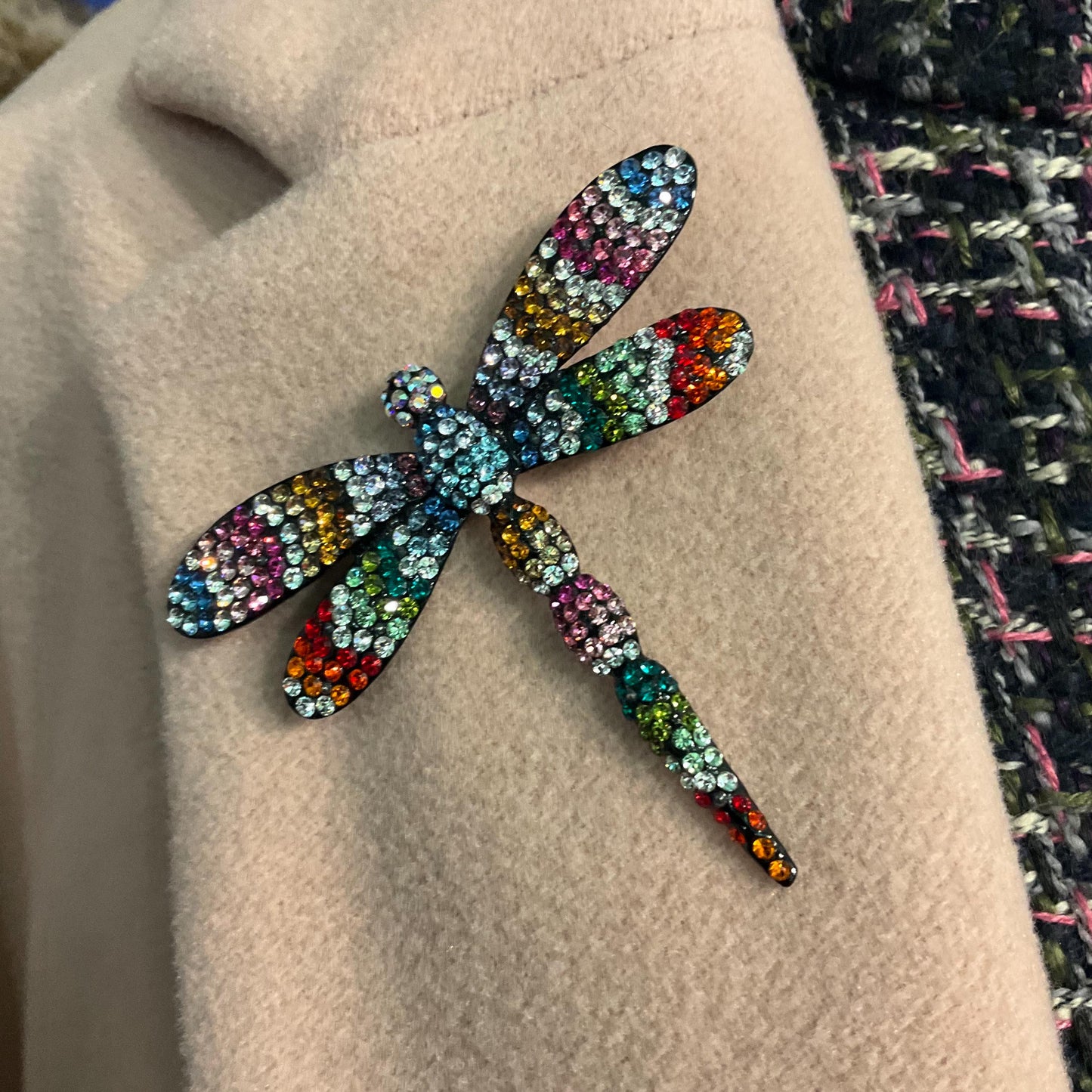 Vintage Butler and Wilson Large Rainbow Crystal Dragonfly Brooch, Pewter tone with Ombré Rhinestones, signed as new
